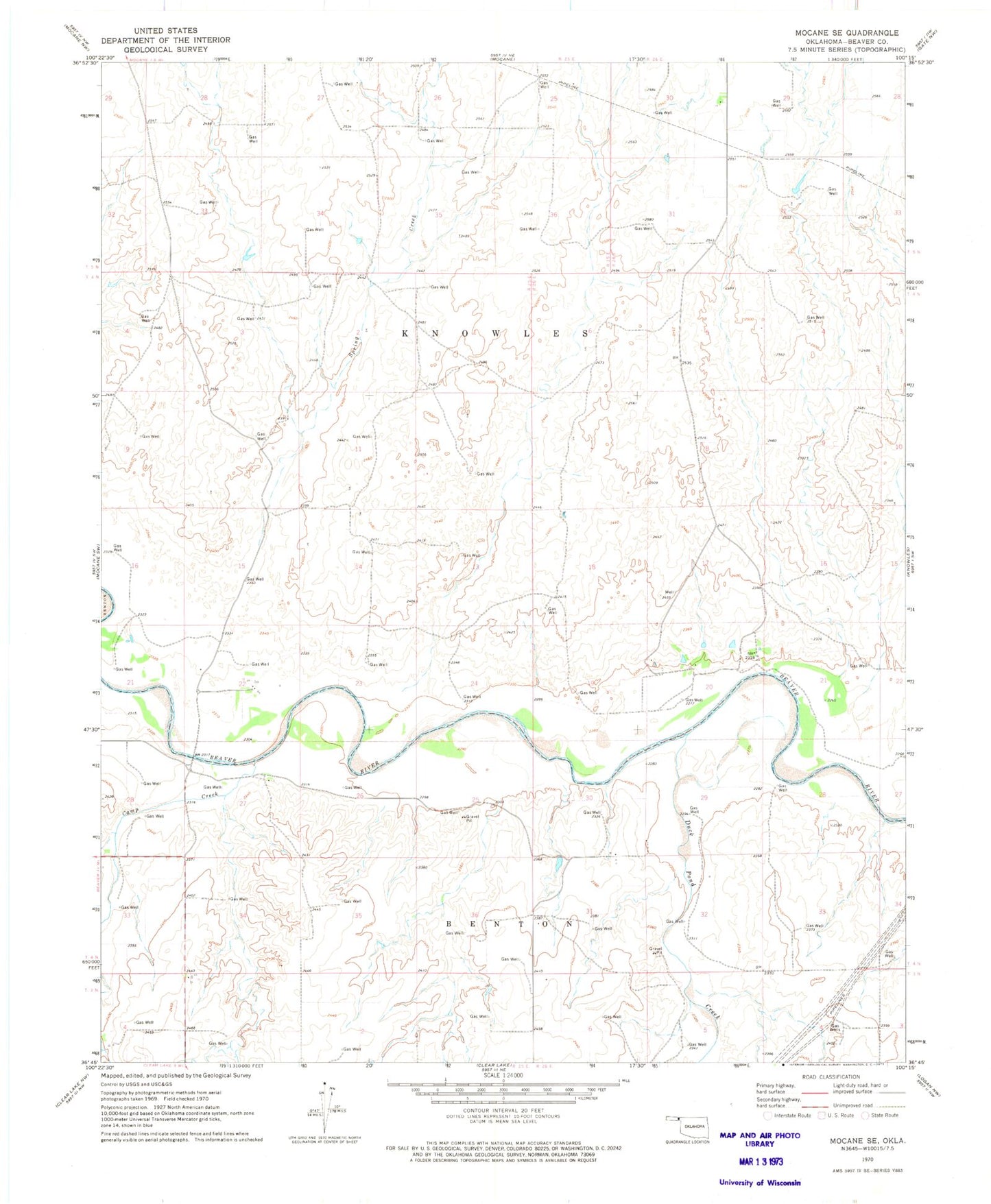 Classic USGS Mocane SE Oklahoma 7.5'x7.5' Topo Map Image