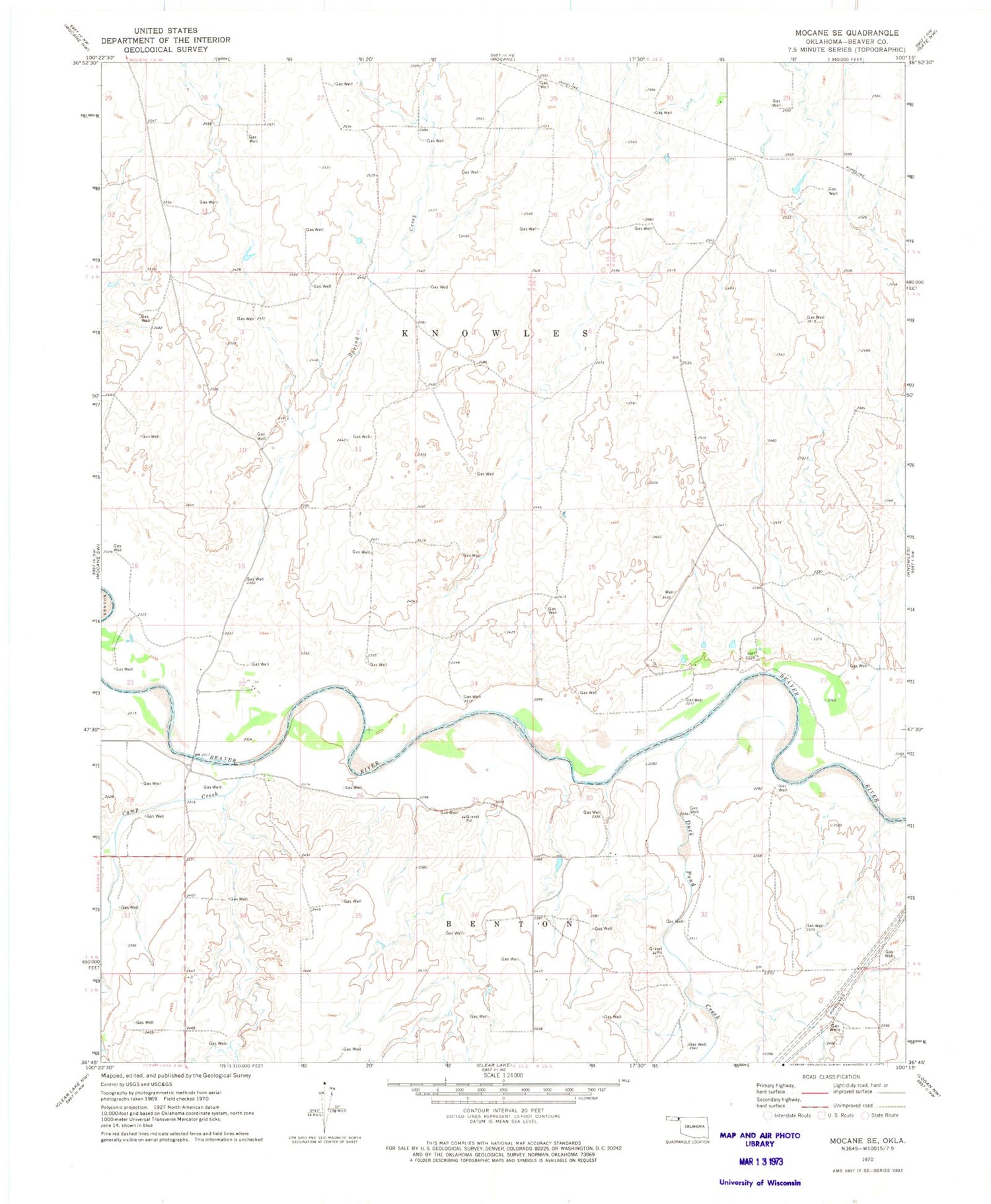 Classic USGS Mocane SE Oklahoma 7.5'x7.5' Topo Map Image