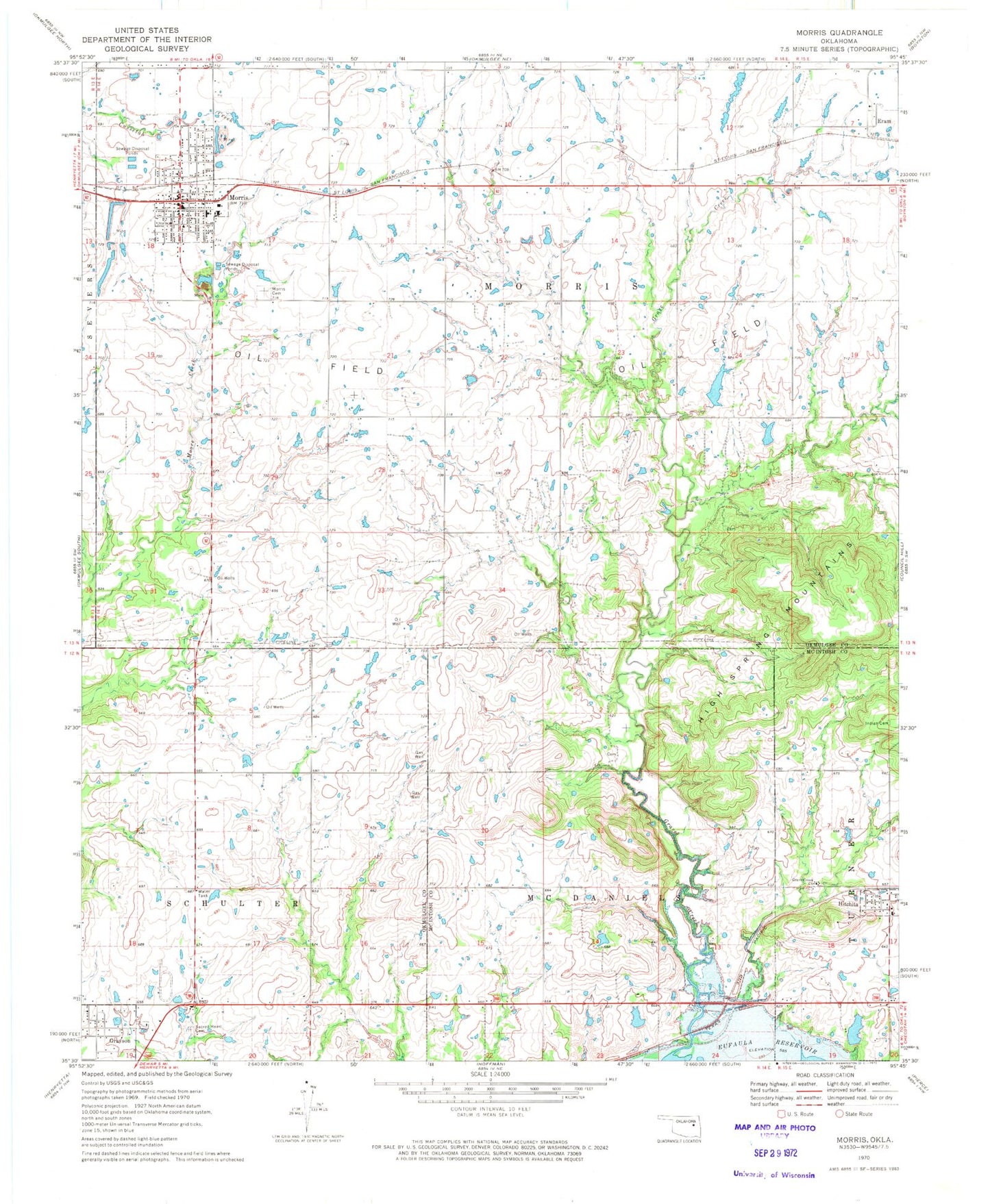 Classic USGS Morris Oklahoma 7.5'x7.5' Topo Map Image
