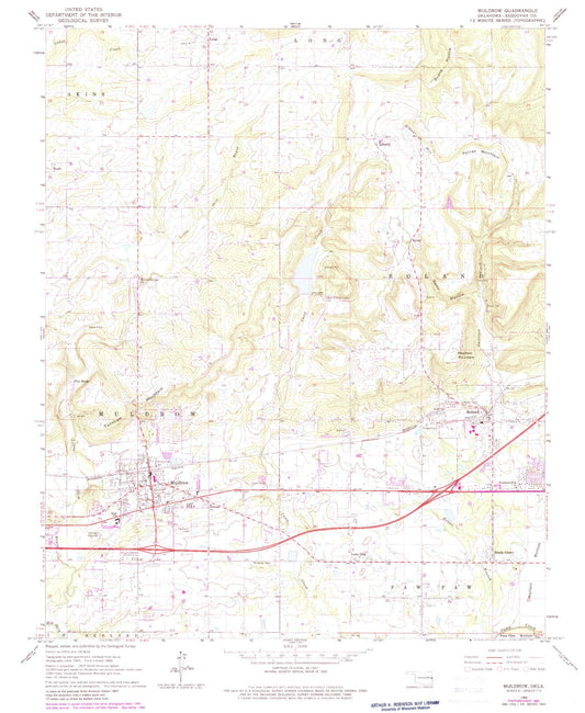 Classic USGS Muldrow Oklahoma 7.5'x7.5' Topo Map Image
