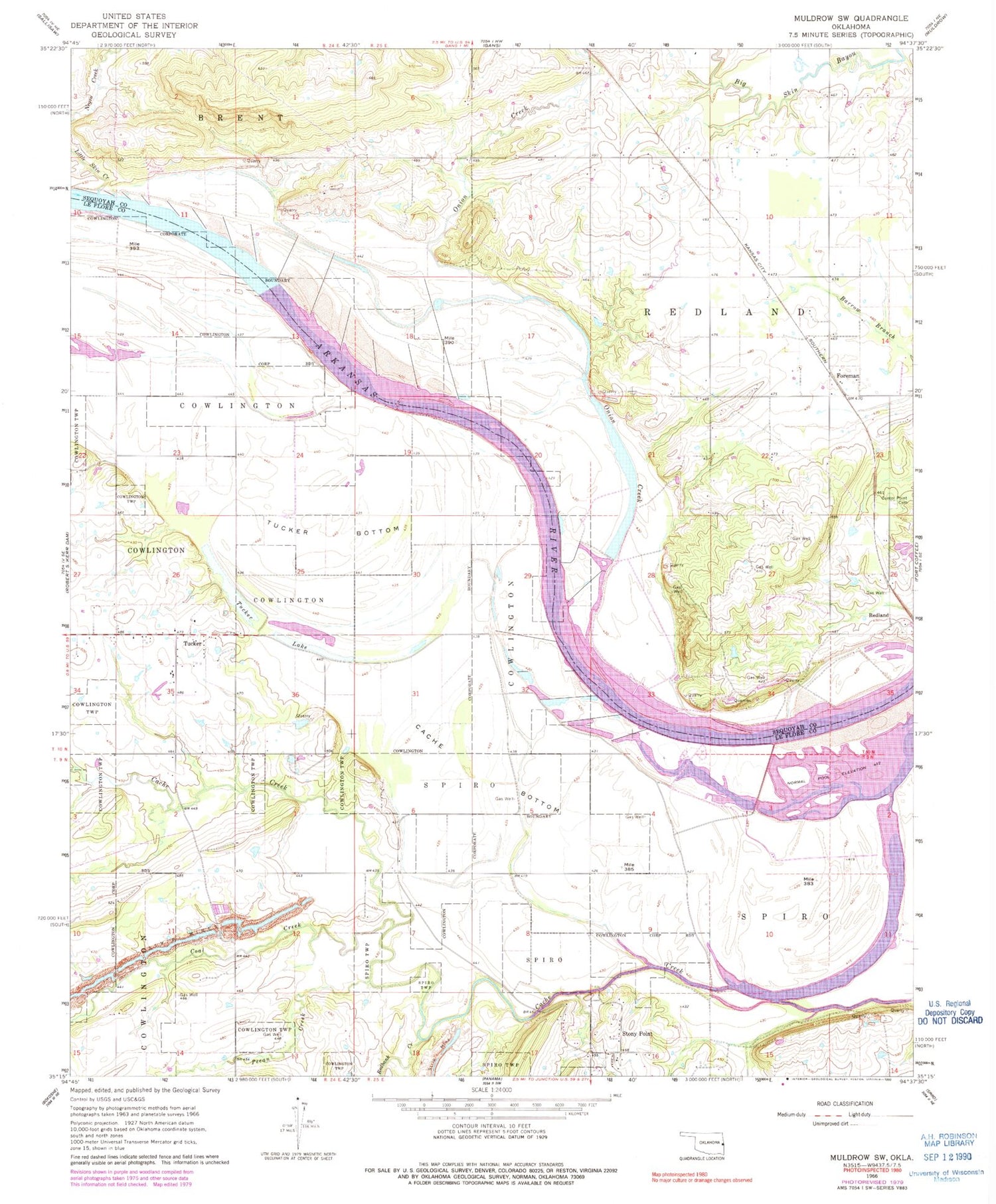 Classic USGS Muldrow SW Oklahoma 7.5'x7.5' Topo Map Image