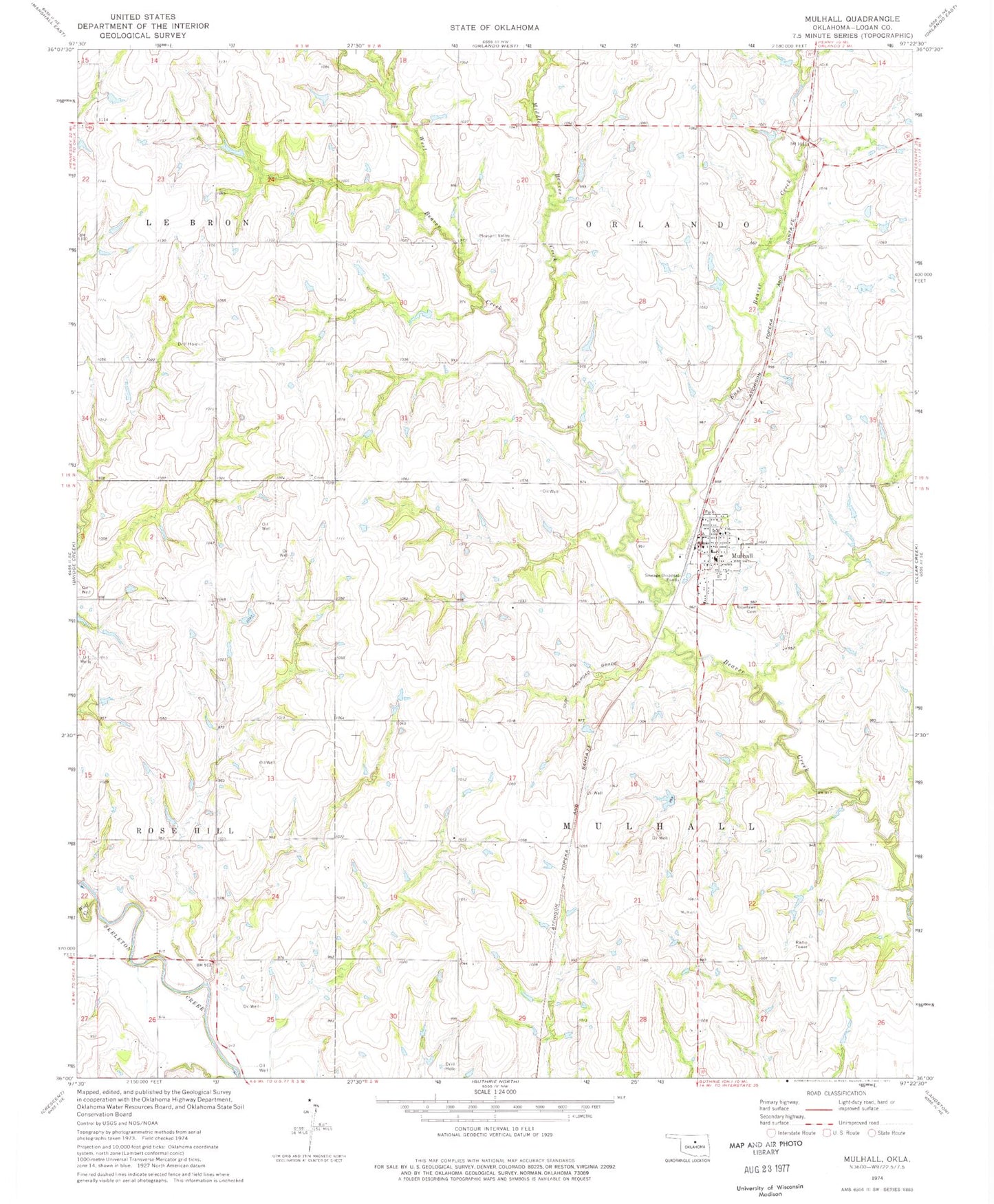 Classic USGS Mulhall Oklahoma 7.5'x7.5' Topo Map Image
