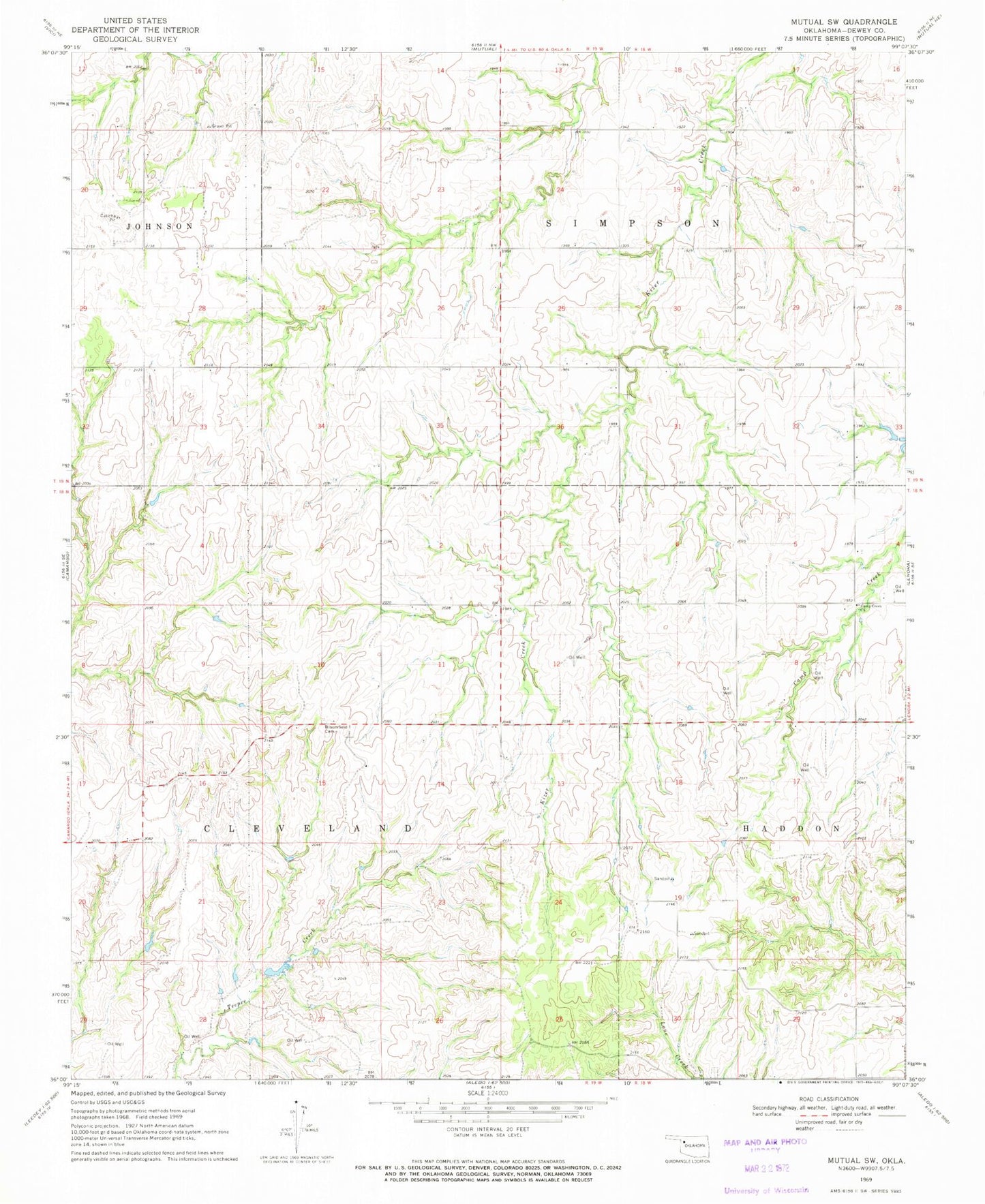 Classic USGS Mutual SW Oklahoma 7.5'x7.5' Topo Map Image