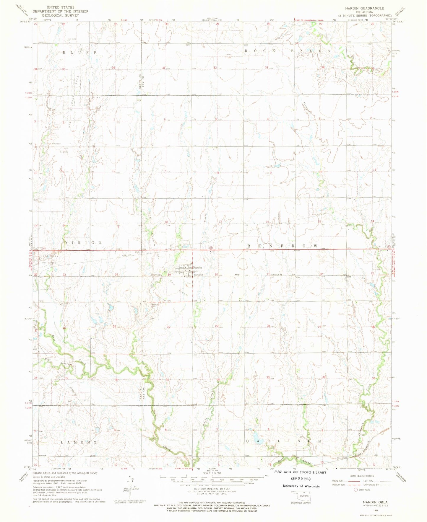 Classic USGS Nardin Oklahoma 7.5'x7.5' Topo Map Image