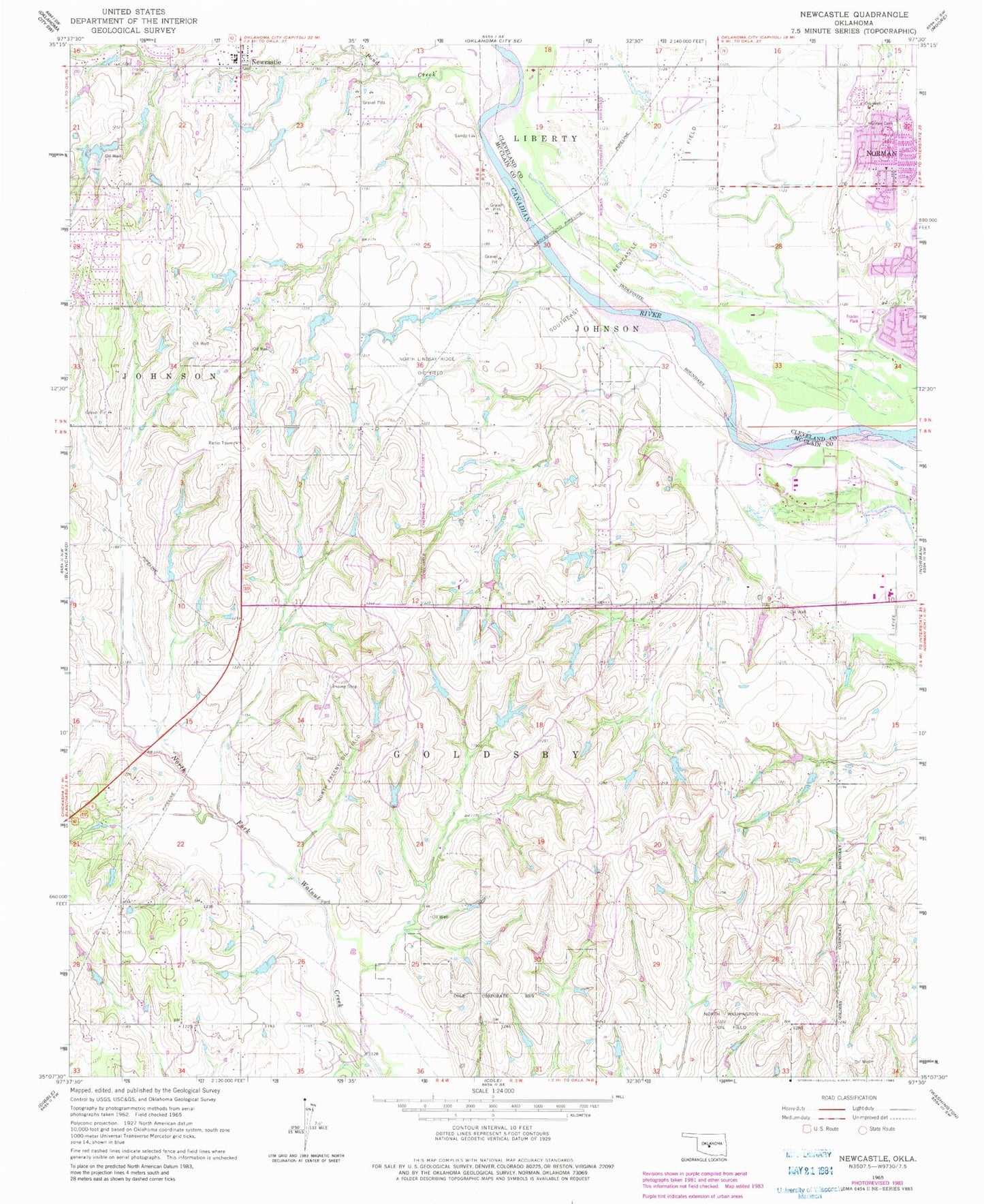 Classic USGS Newcastle Oklahoma 7.5'x7.5' Topo Map Image