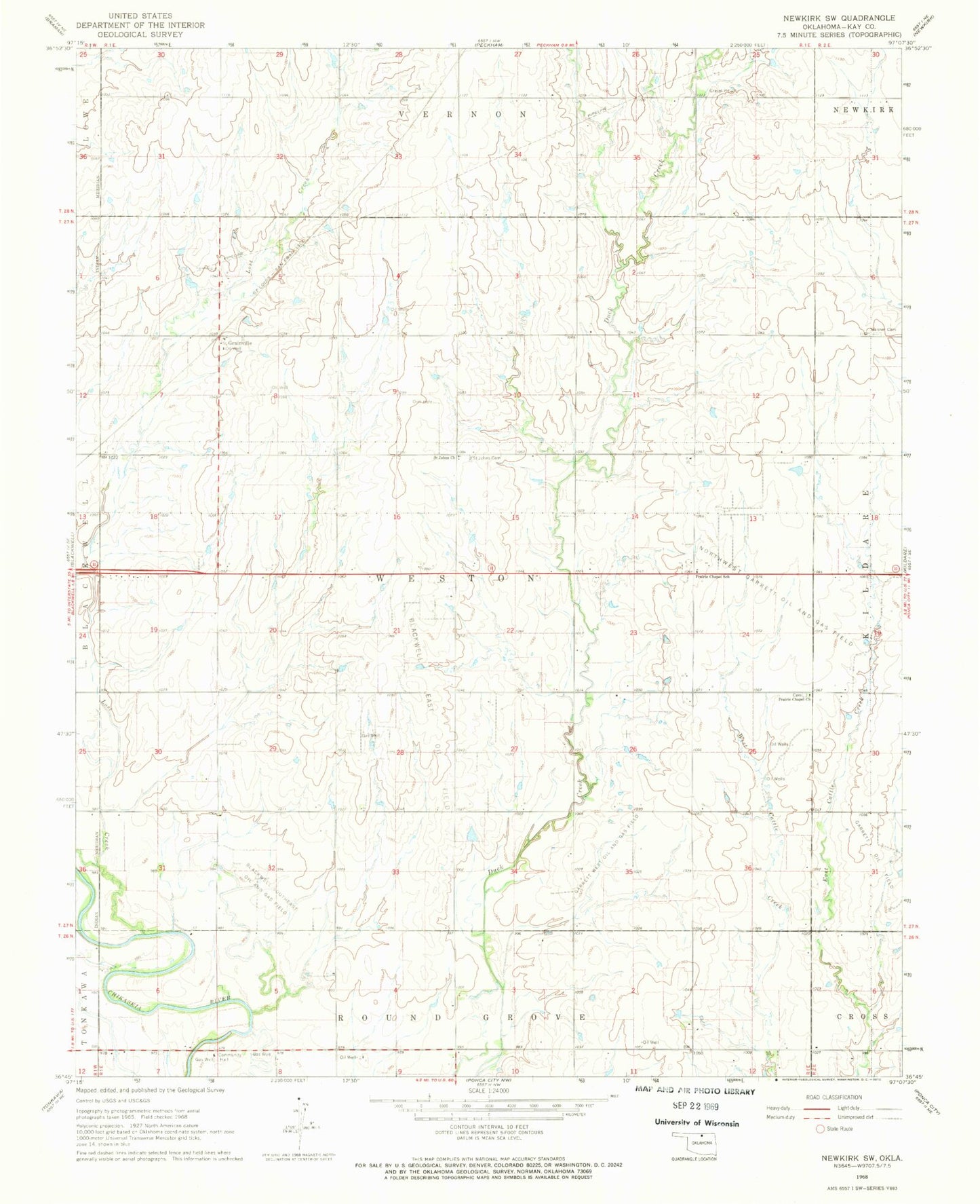 Classic USGS Newkirk SW Oklahoma 7.5'x7.5' Topo Map Image