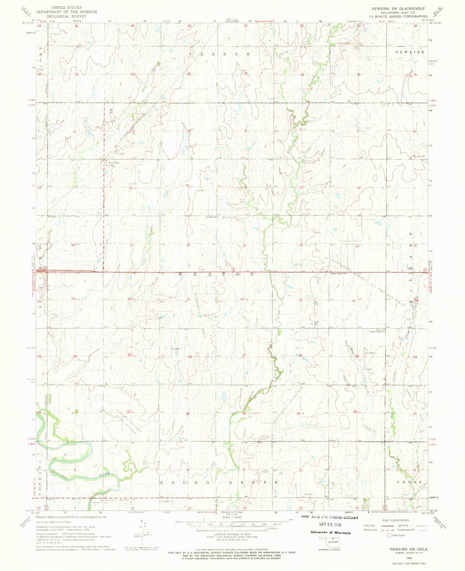 Classic USGS Newkirk SW Oklahoma 7.5'x7.5' Topo Map Image