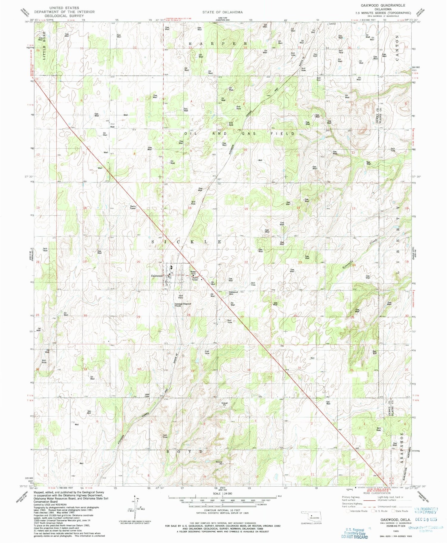 Classic USGS Oakwood Oklahoma 7.5'x7.5' Topo Map Image
