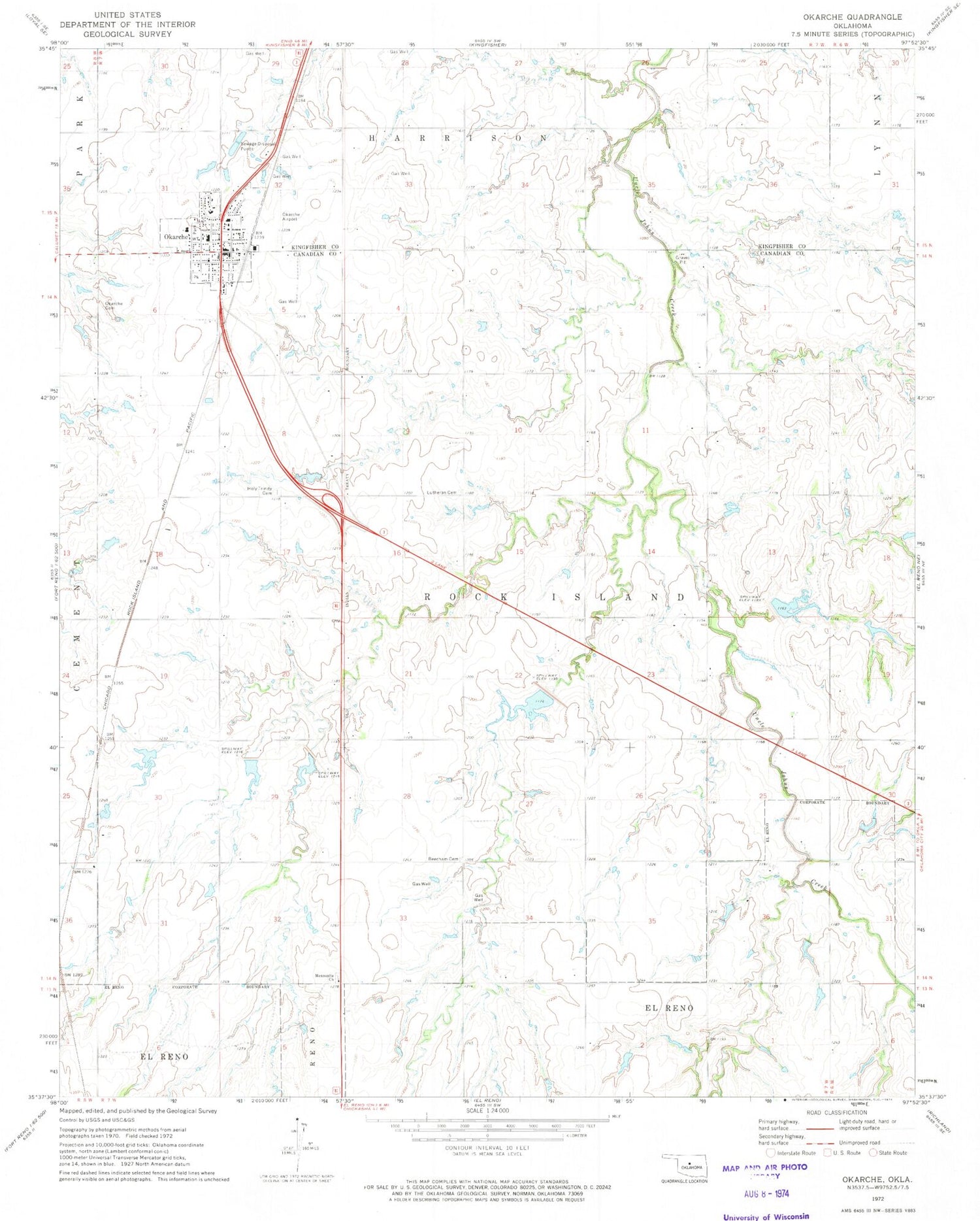 Classic USGS Okarche Oklahoma 7.5'x7.5' Topo Map Image