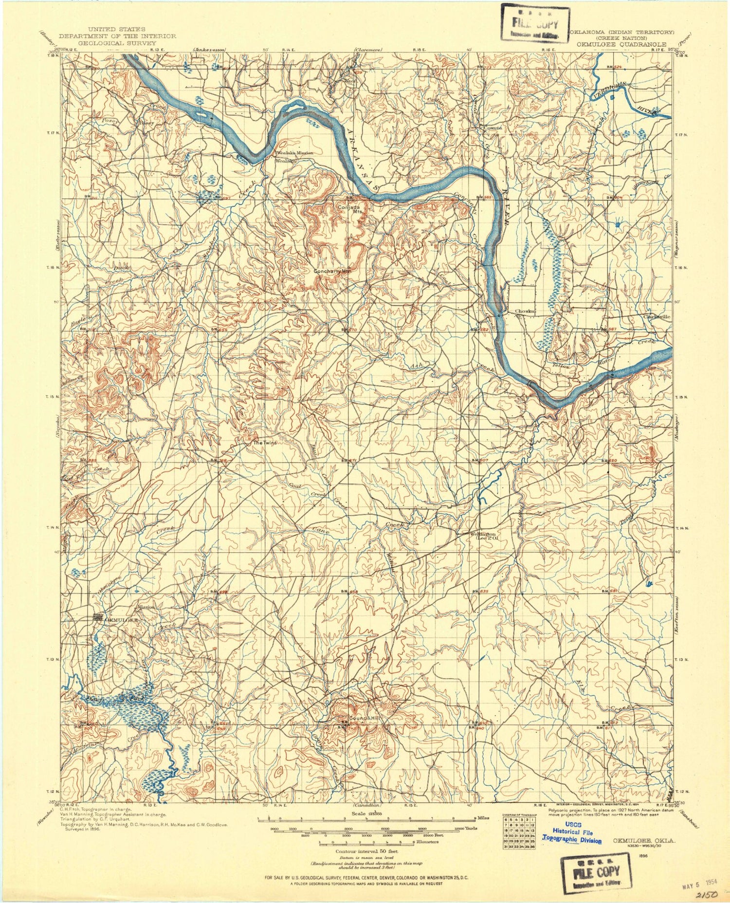 Historic 1896 Okmulgee Oklahoma 30'x30' Topo Map Image