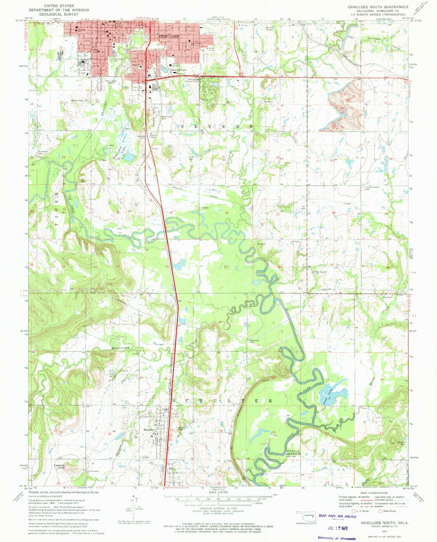 Classic USGS Okmulgee South Oklahoma 7.5'x7.5' Topo Map Image