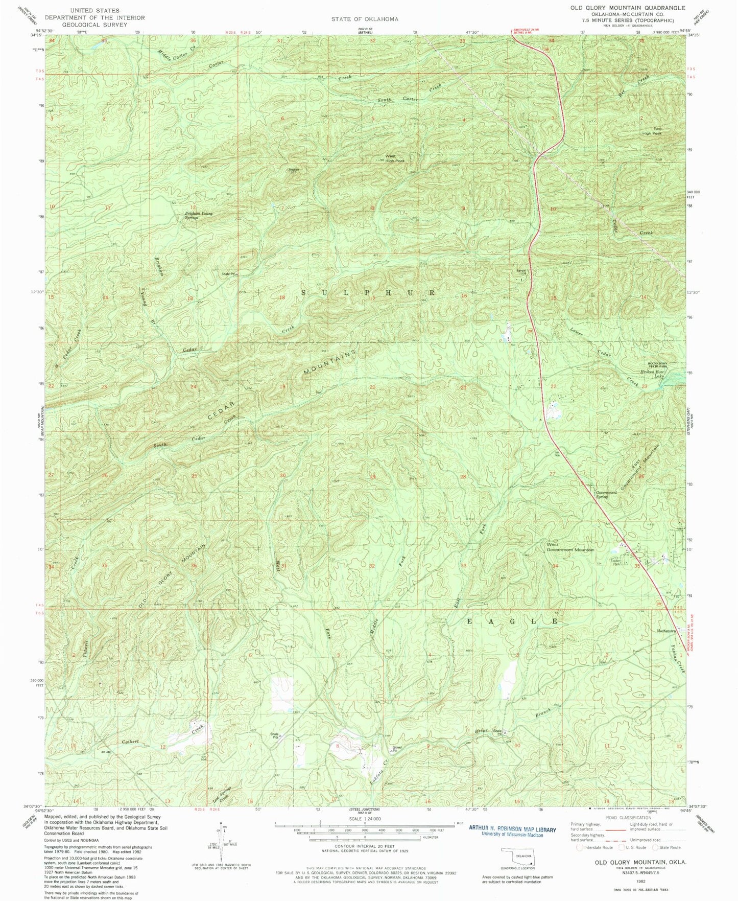 Classic USGS Old Glory Mountain Oklahoma 7.5'x7.5' Topo Map Image