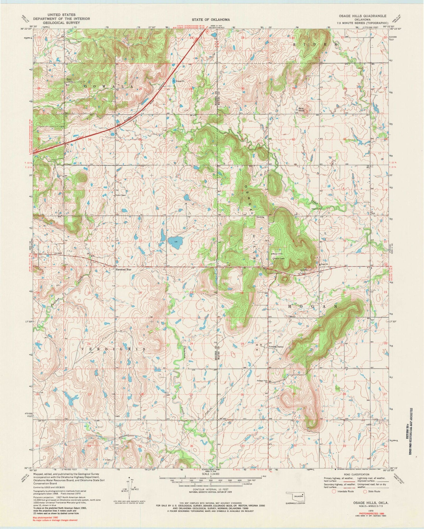 Classic USGS Osage Hills Oklahoma 7.5'x7.5' Topo Map Image