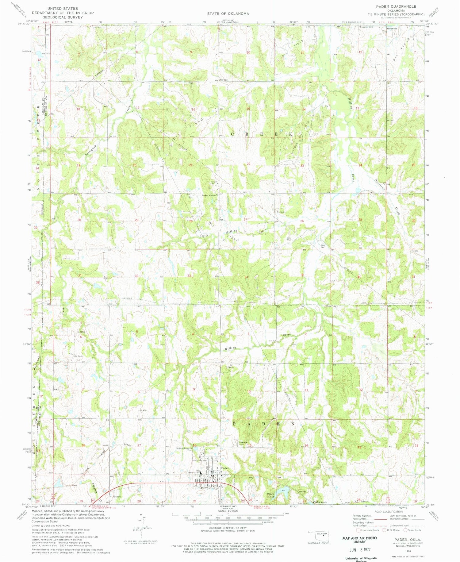 Classic USGS Paden Oklahoma 7.5'x7.5' Topo Map Image