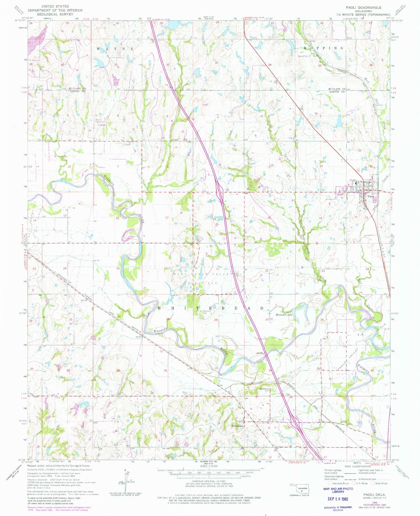 Classic USGS Paoli Oklahoma 7.5'x7.5' Topo Map Image