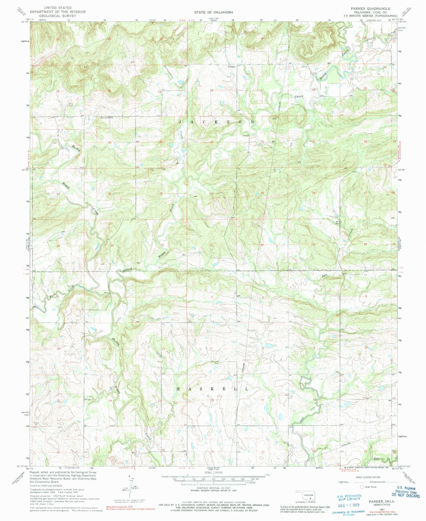 Classic USGS Parker Oklahoma 7.5'x7.5' Topo Map Image