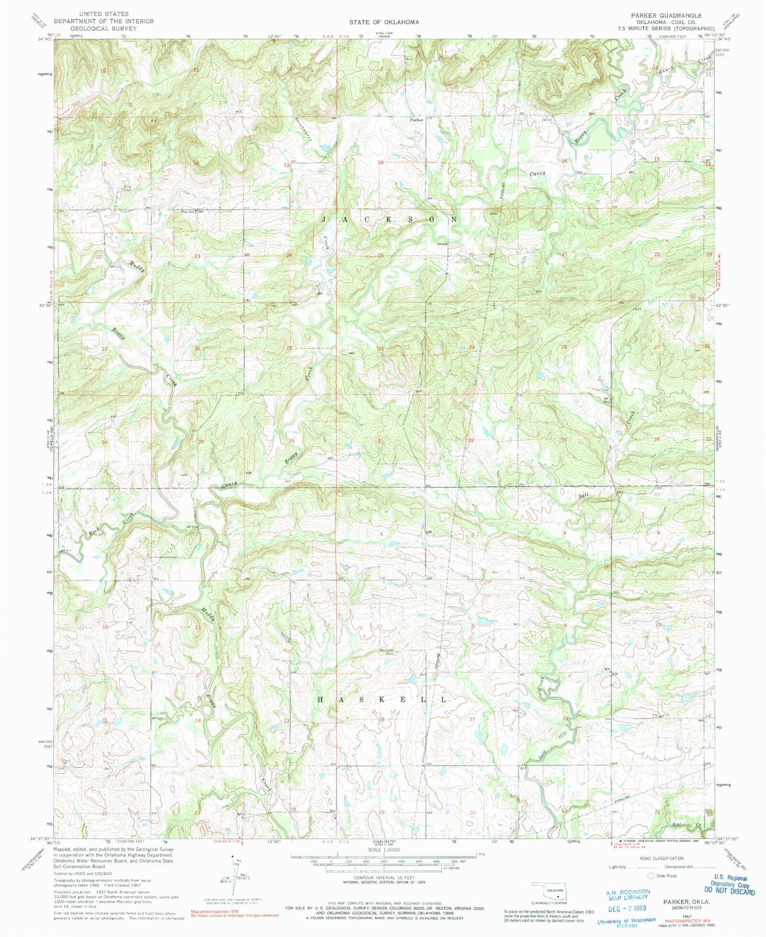 Classic USGS Parker Oklahoma 7.5'x7.5' Topo Map Image