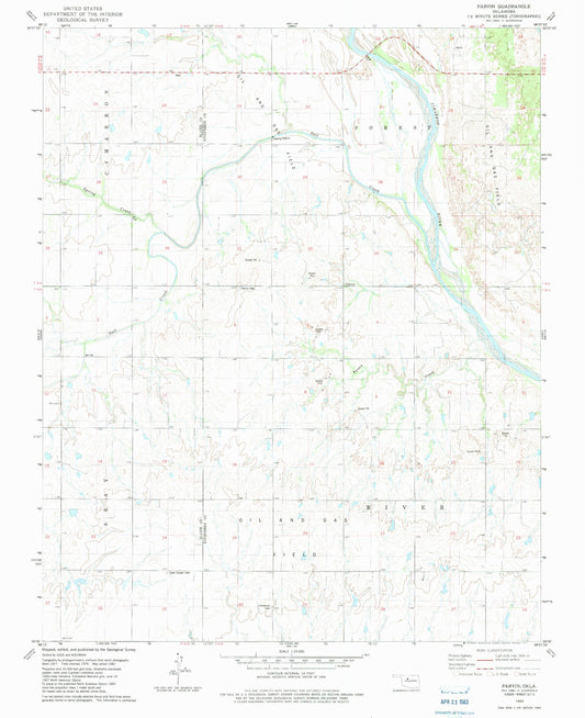 Classic USGS Parvin Oklahoma 7.5'x7.5' Topo Map Image