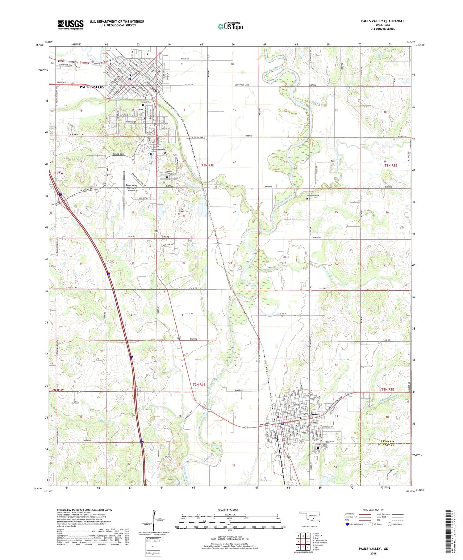 Pauls Valley Oklahoma US Topo Map Image