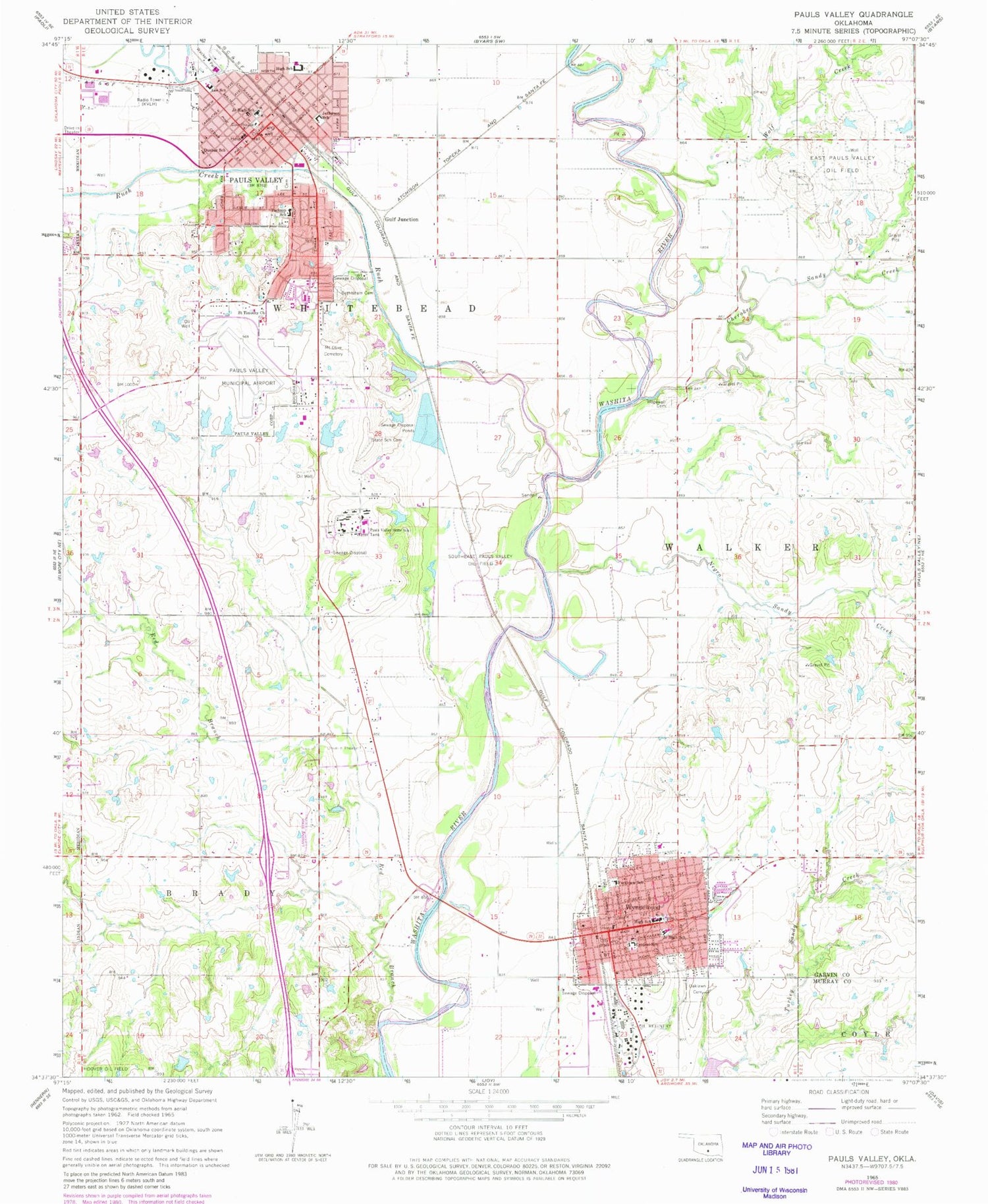 Classic USGS Pauls Valley Oklahoma 7.5'x7.5' Topo Map Image