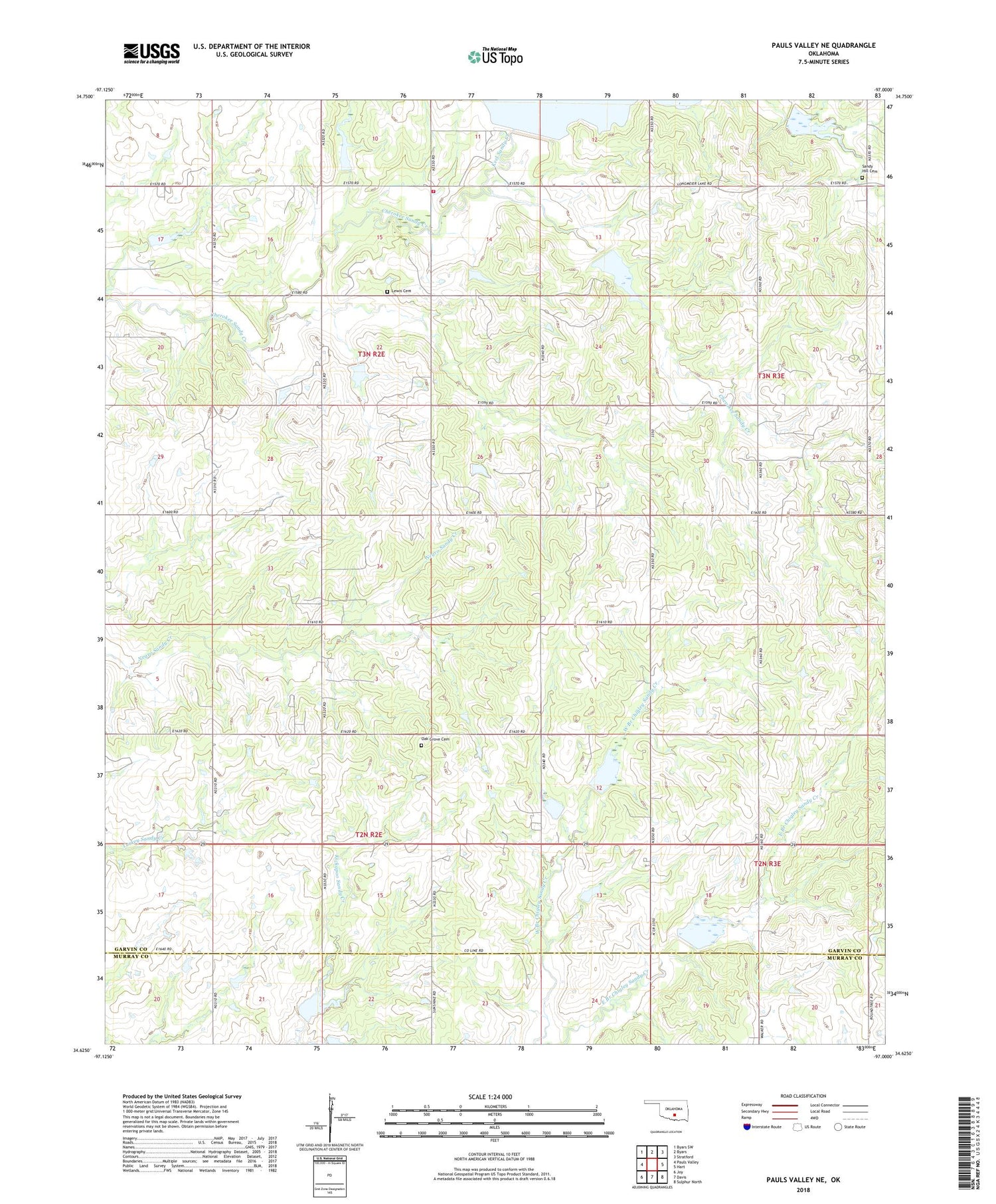 Pauls Valley NE Oklahoma US Topo Map Image