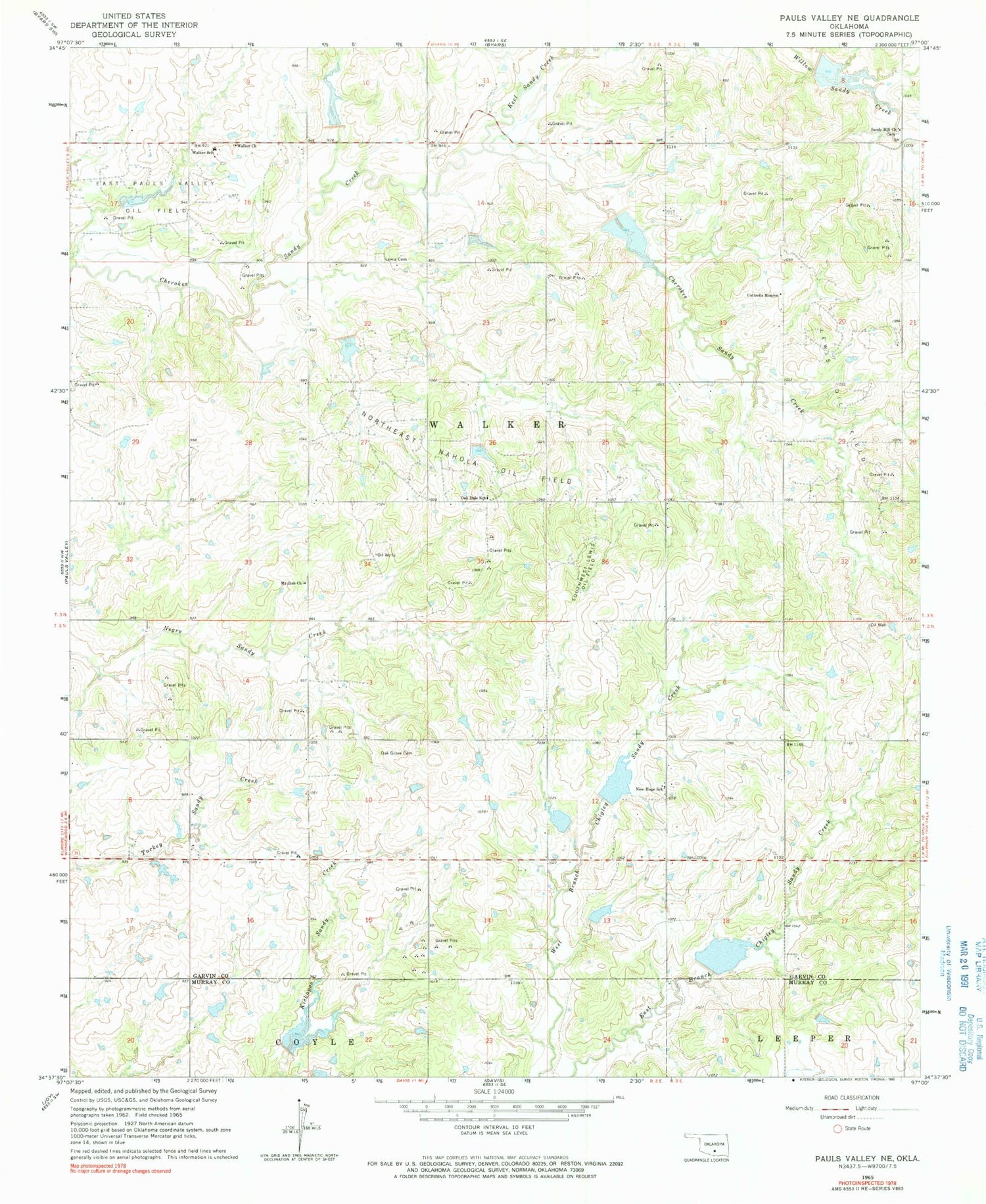 Classic USGS Pauls Valley NE Oklahoma 7.5'x7.5' Topo Map Image