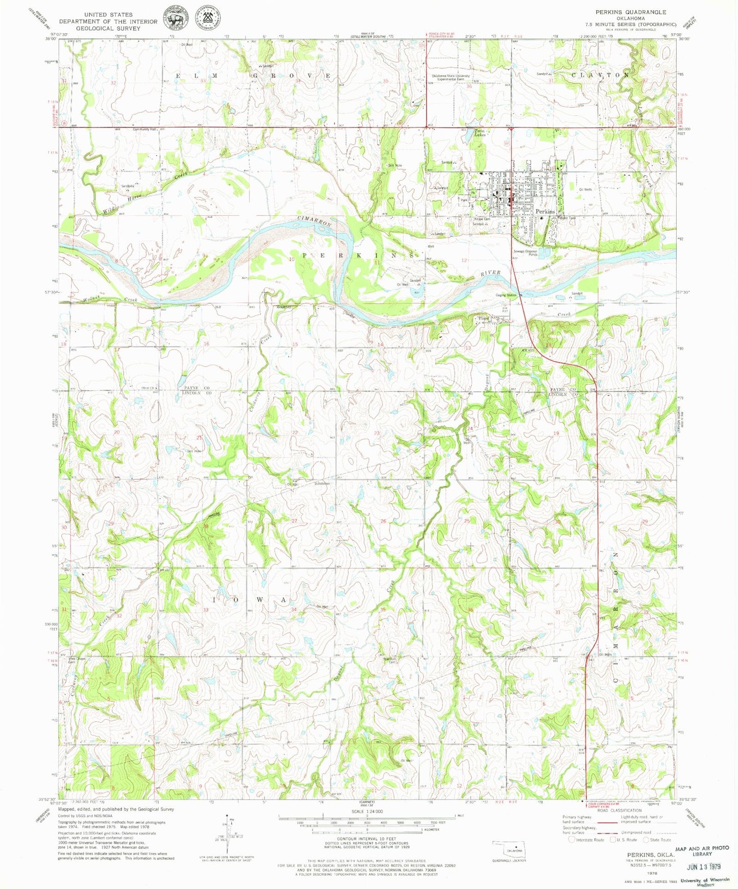 Classic USGS Perkins Oklahoma 7.5'x7.5' Topo Map Image