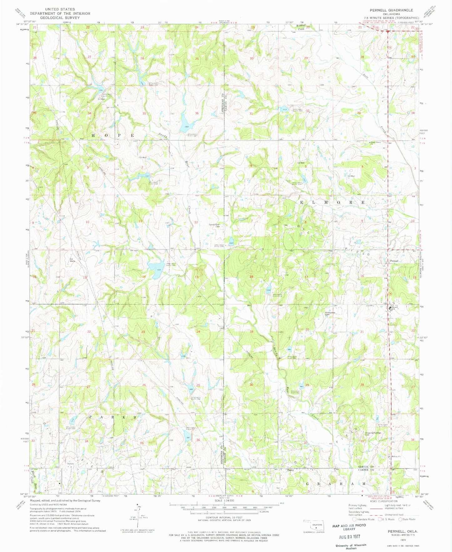 Classic USGS Pernell Oklahoma 7.5'x7.5' Topo Map Image