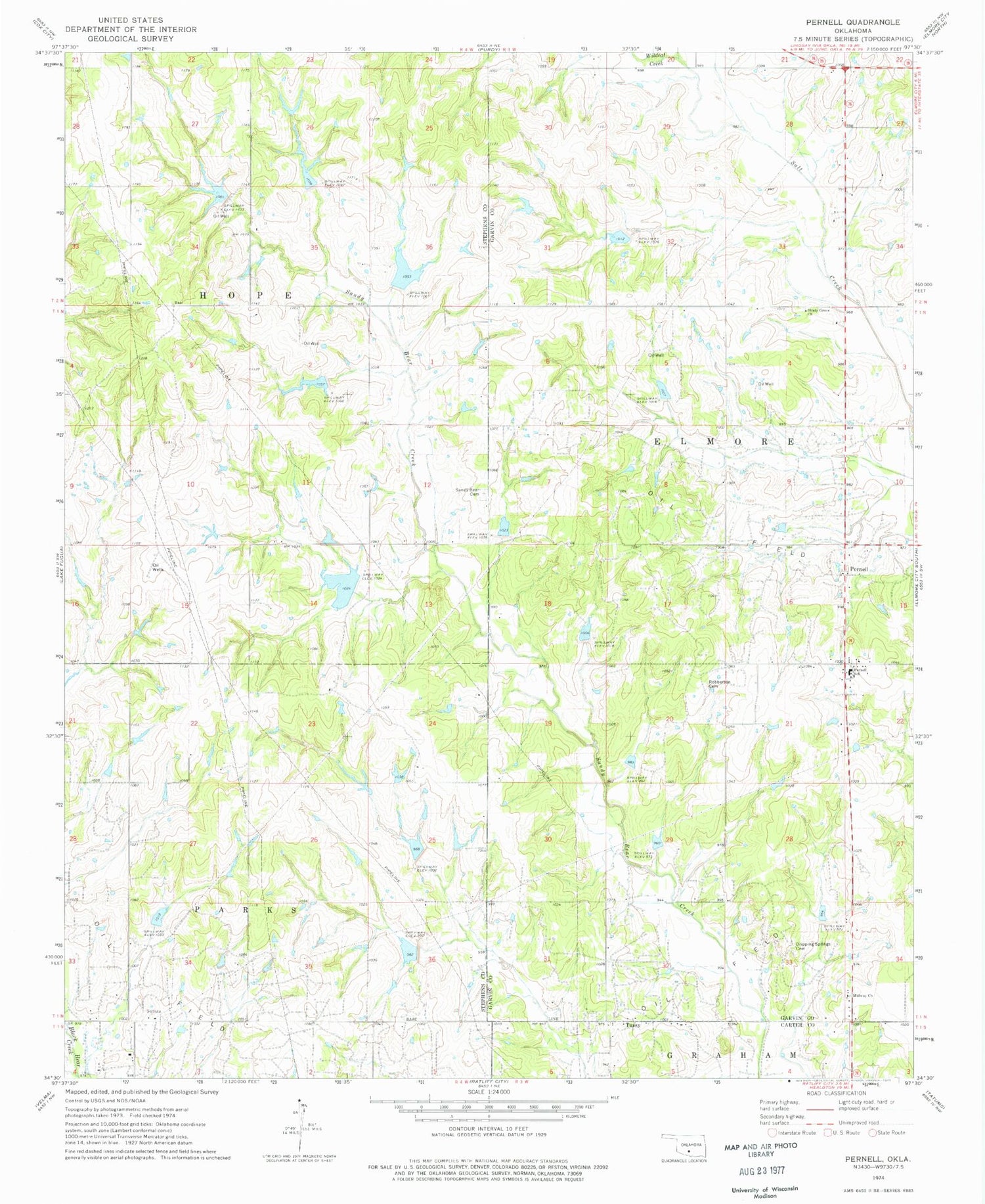 Classic USGS Pernell Oklahoma 7.5'x7.5' Topo Map Image
