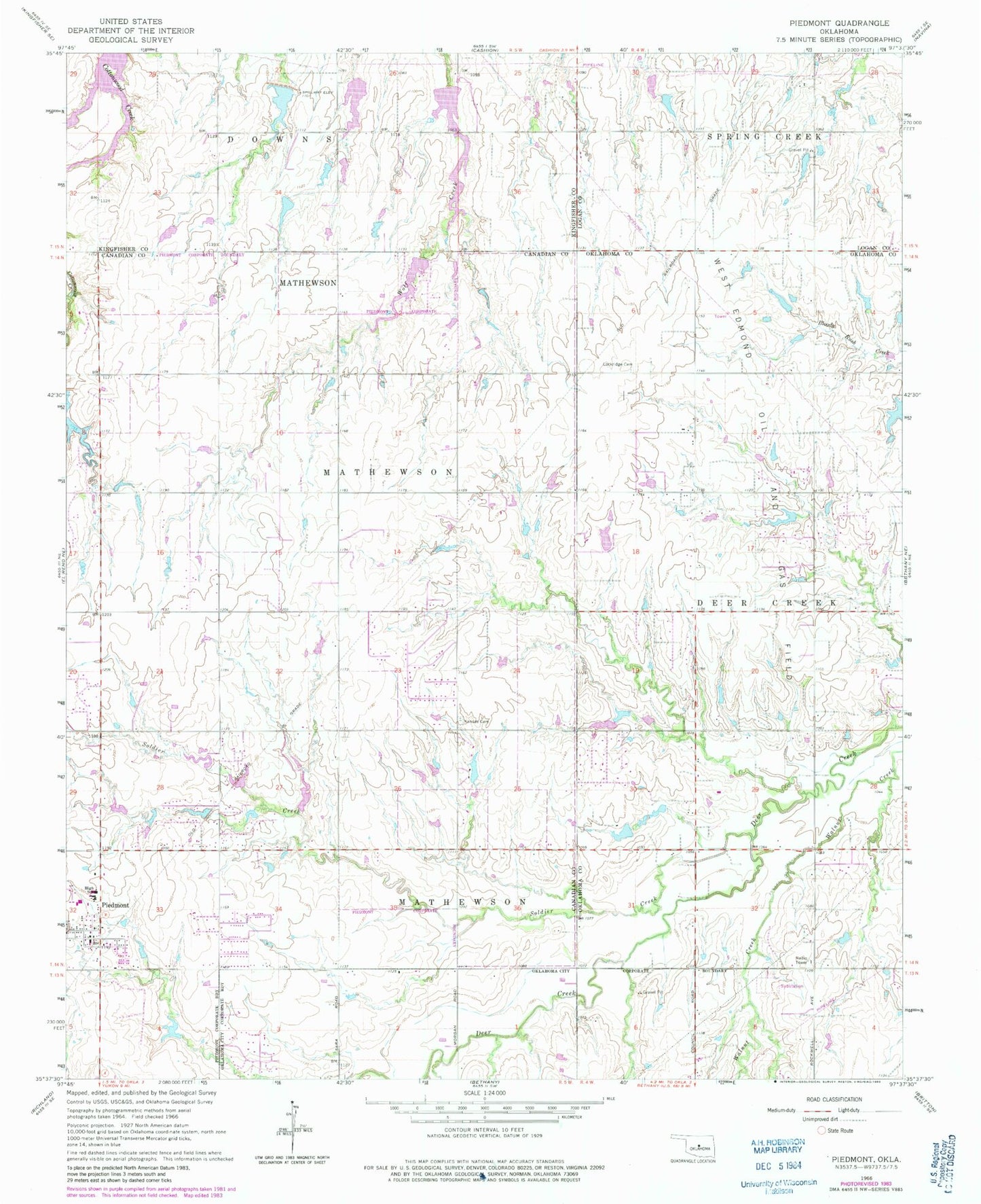 Classic USGS Piedmont Oklahoma 7.5'x7.5' Topo Map Image