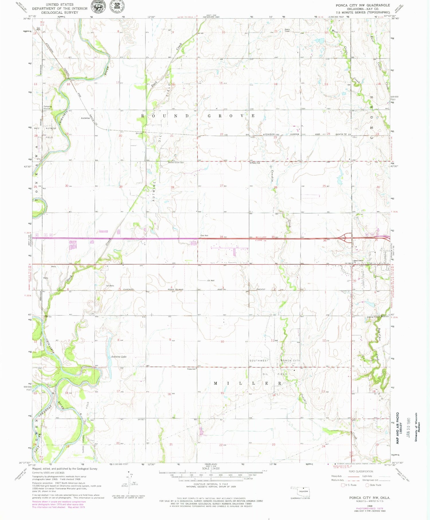 Classic USGS Ponca City NW Oklahoma 7.5'x7.5' Topo Map Image