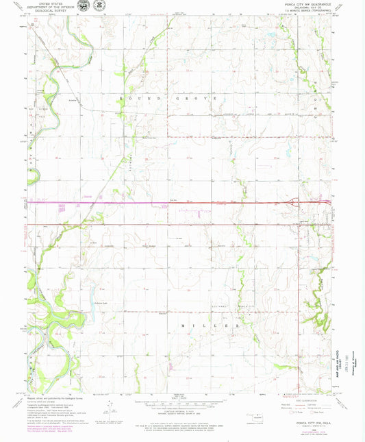 Classic USGS Ponca City NW Oklahoma 7.5'x7.5' Topo Map Image