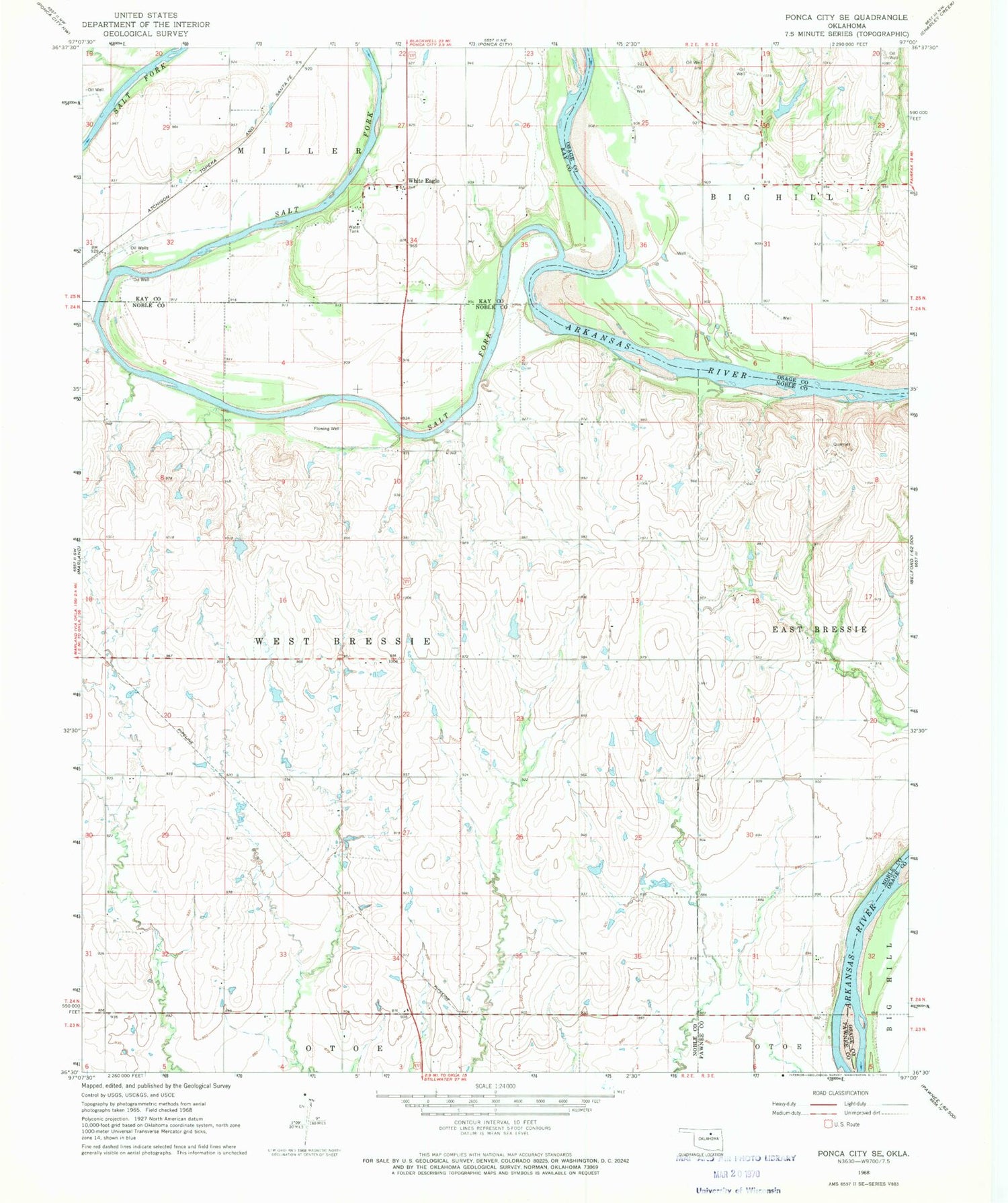 Classic USGS Ponca City SE Oklahoma 7.5'x7.5' Topo Map Image