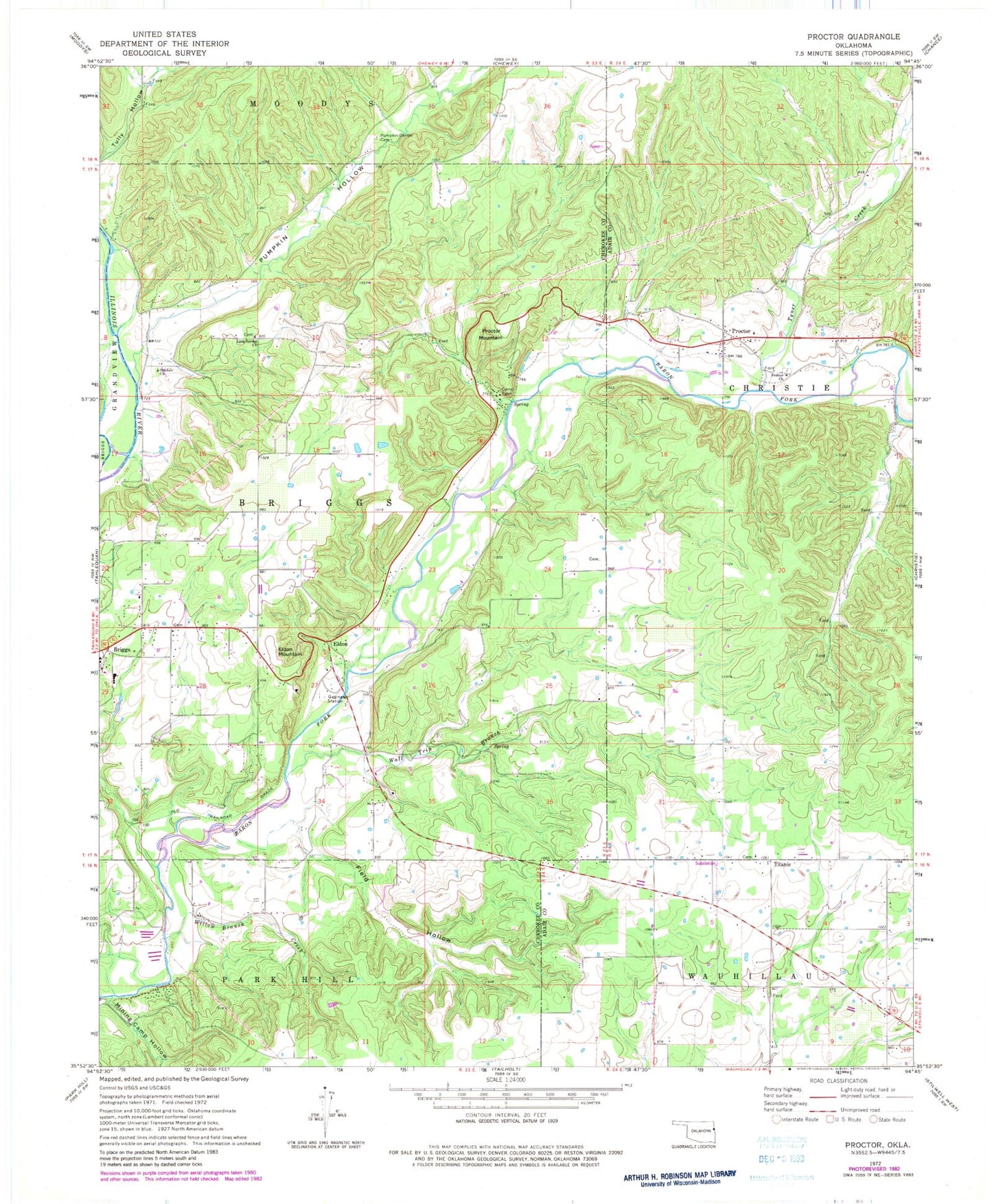 Classic USGS Proctor Oklahoma 7.5'x7.5' Topo Map Image