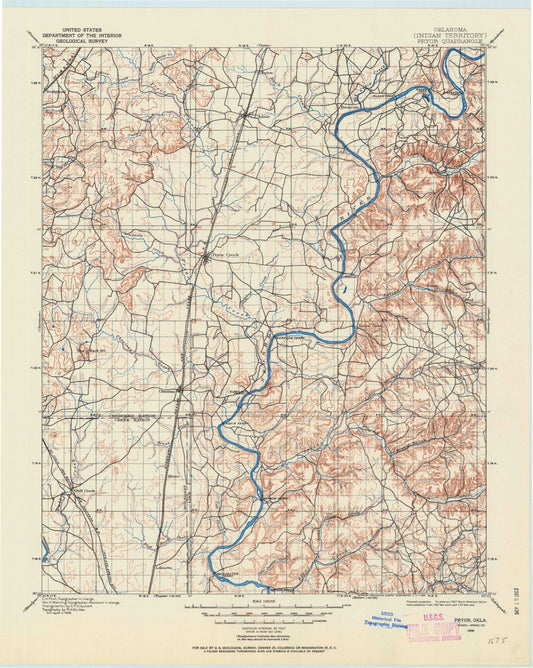Historic 1896 Pryor Oklahoma 30'x30' Topo Map Image