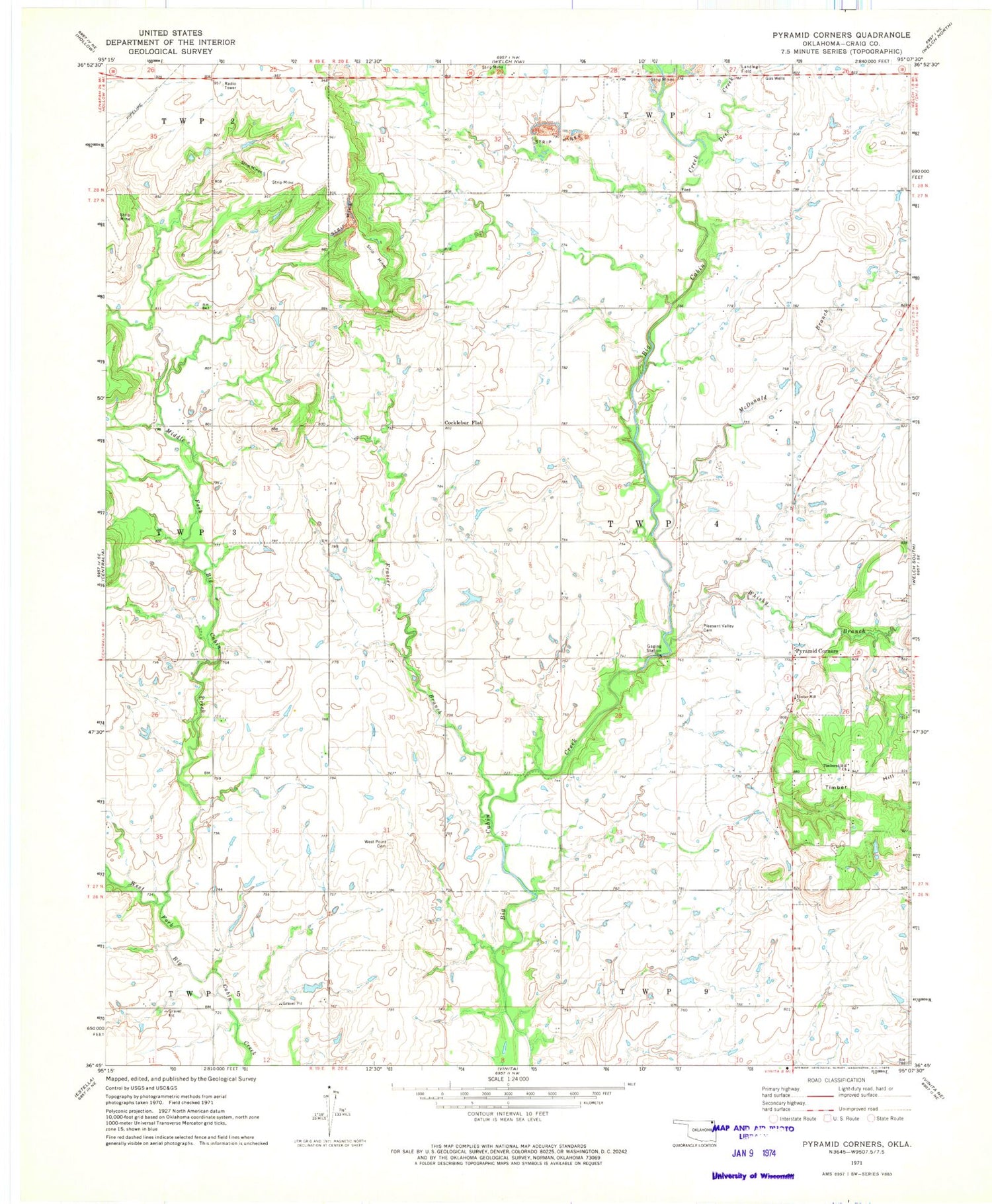 Classic USGS Pyramid Corners Oklahoma 7.5'x7.5' Topo Map Image