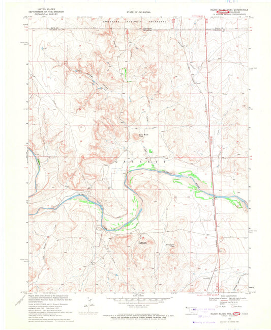 Classic USGS Razor Blade Mesa Oklahoma 7.5'x7.5' Topo Map Image