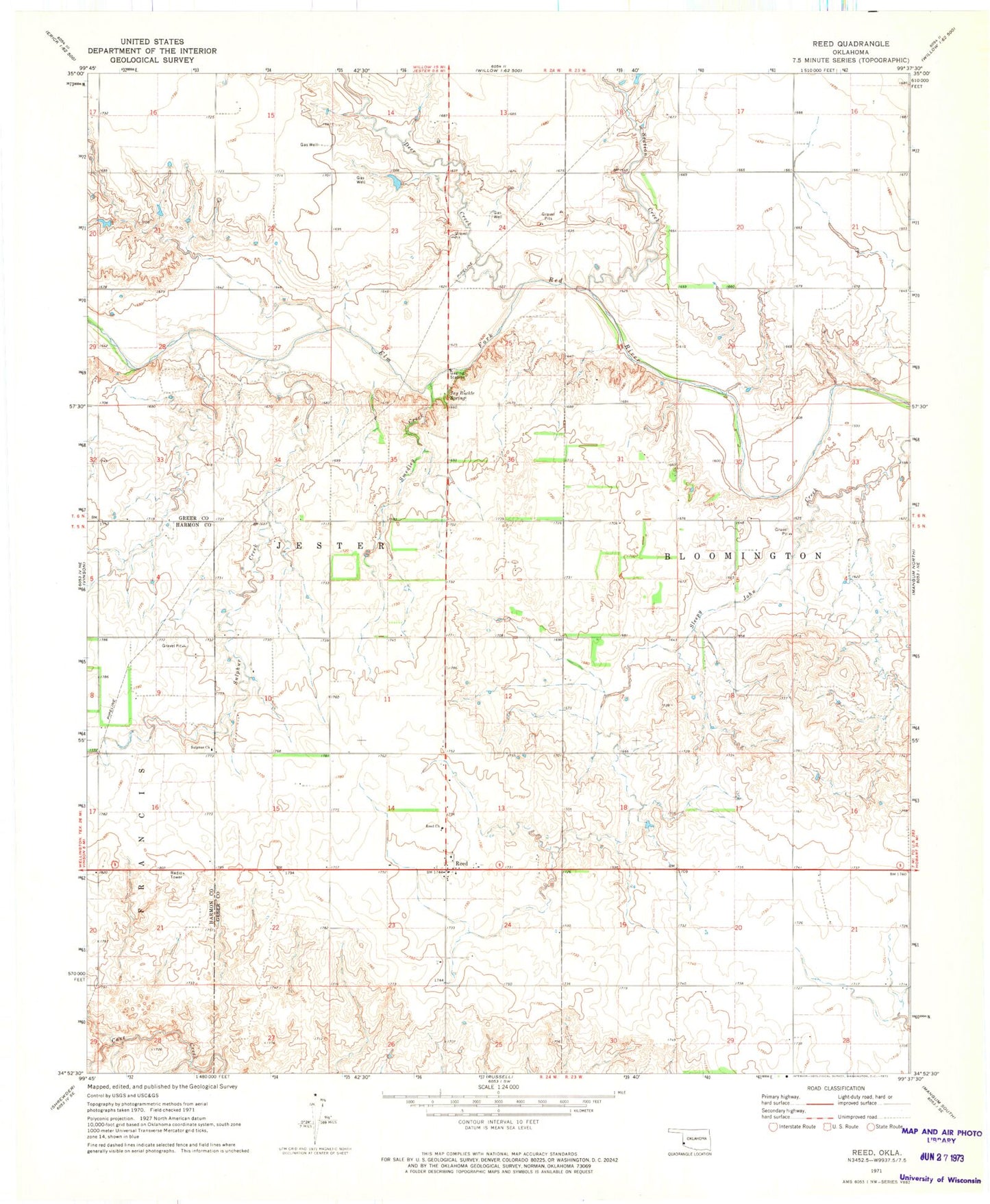 Classic USGS Reed Oklahoma 7.5'x7.5' Topo Map Image