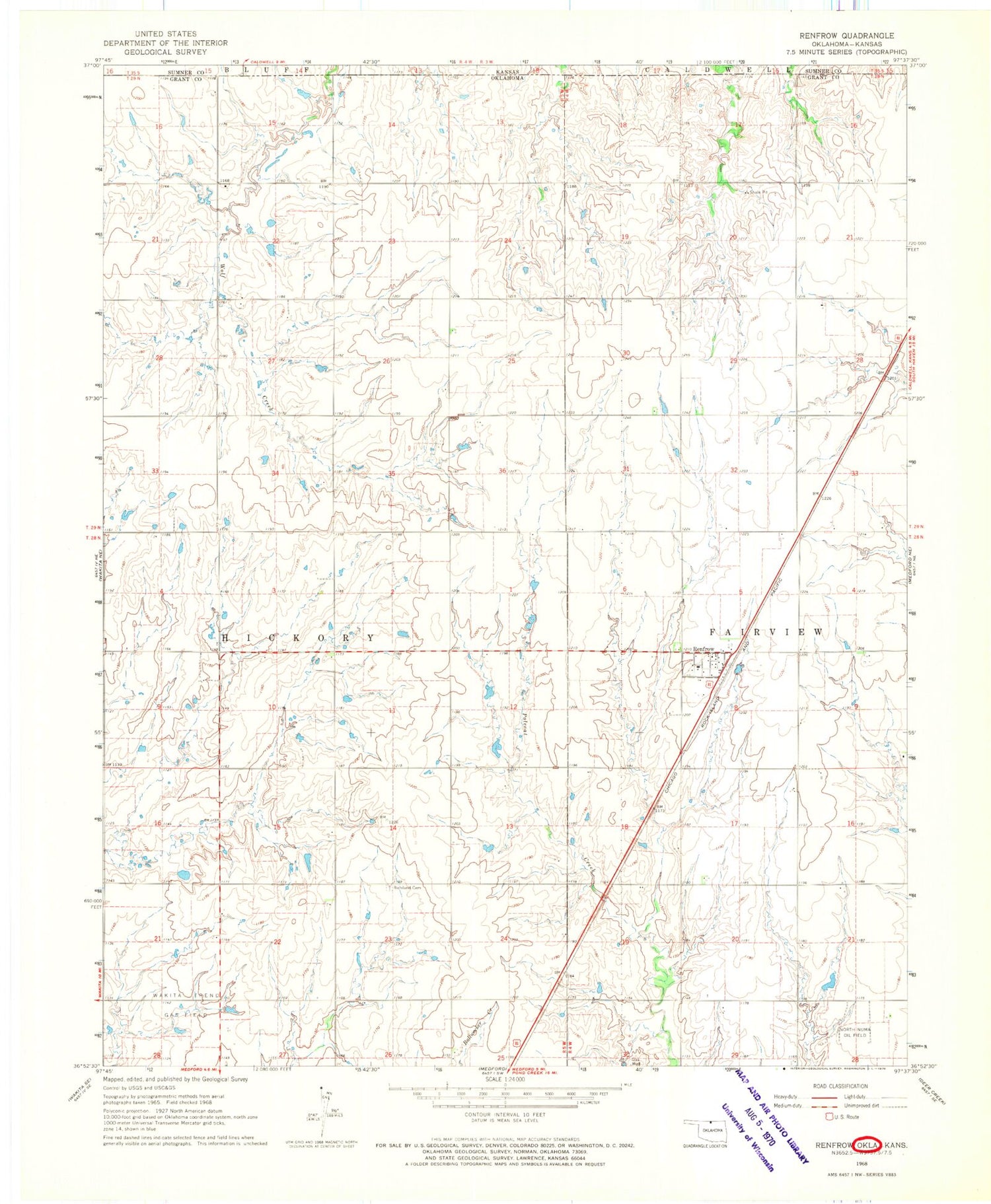 Classic USGS Renfrow Oklahoma 7.5'x7.5' Topo Map Image