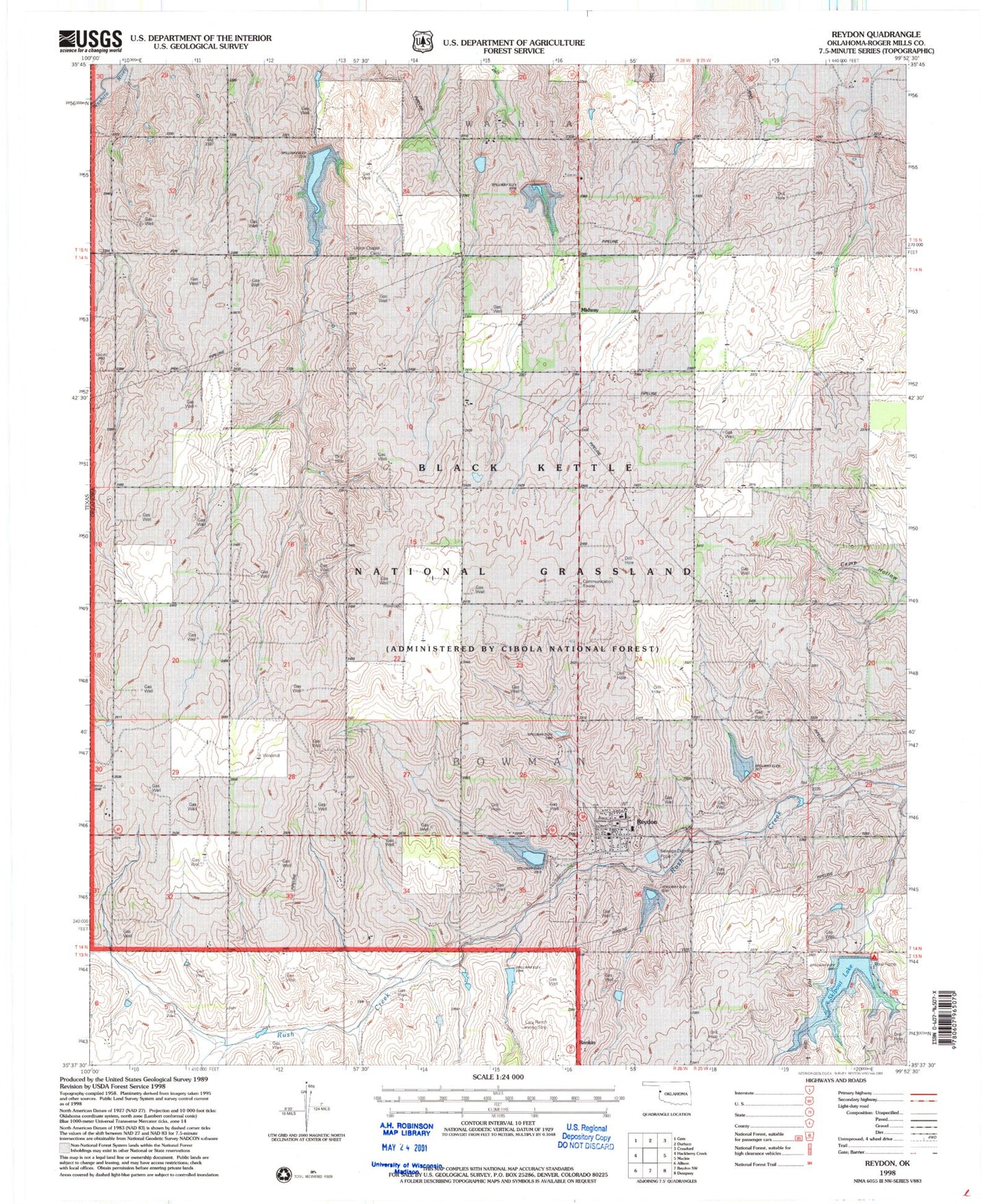 Classic USGS Reydon Oklahoma 7.5'x7.5' Topo Map Image