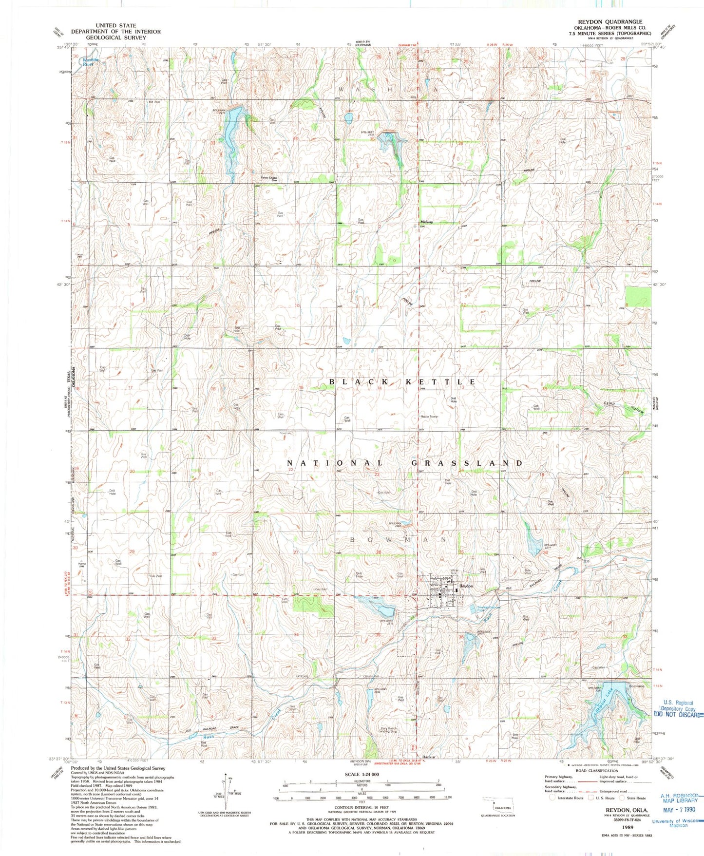 Classic USGS Reydon Oklahoma 7.5'x7.5' Topo Map Image