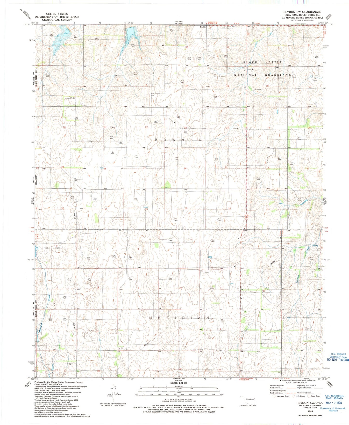 Classic USGS Reydon SW Oklahoma 7.5'x7.5' Topo Map Image