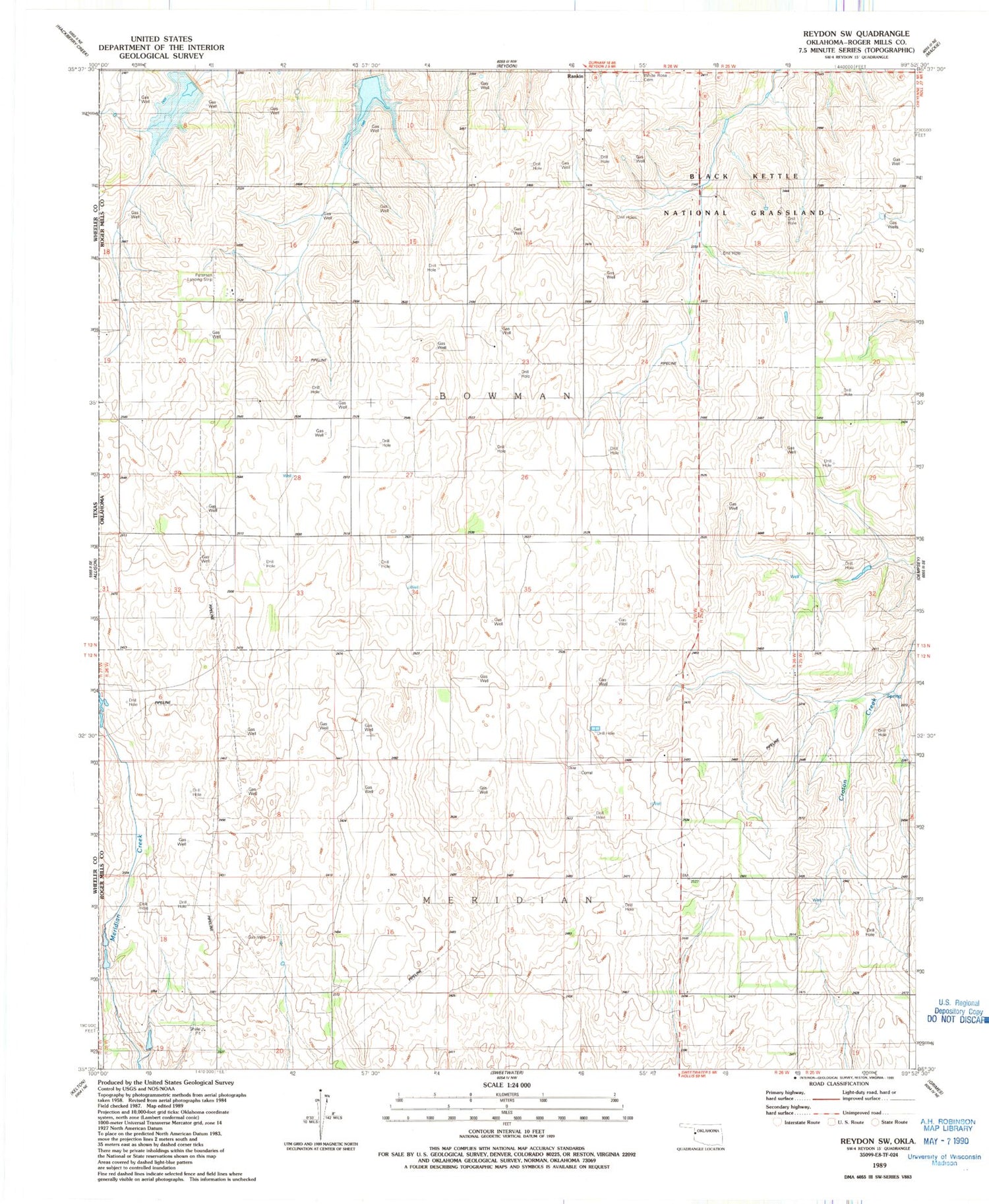 Classic USGS Reydon SW Oklahoma 7.5'x7.5' Topo Map Image