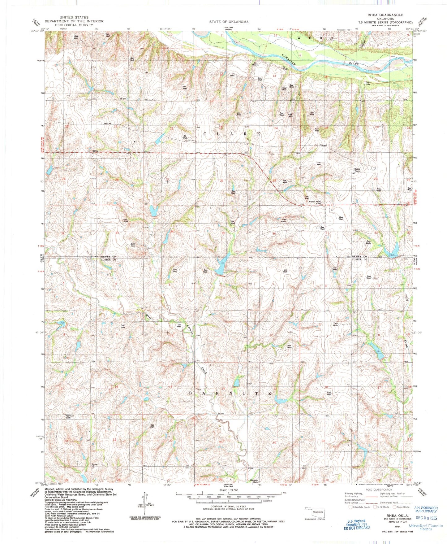 Classic USGS Rhea Oklahoma 7.5'x7.5' Topo Map Image