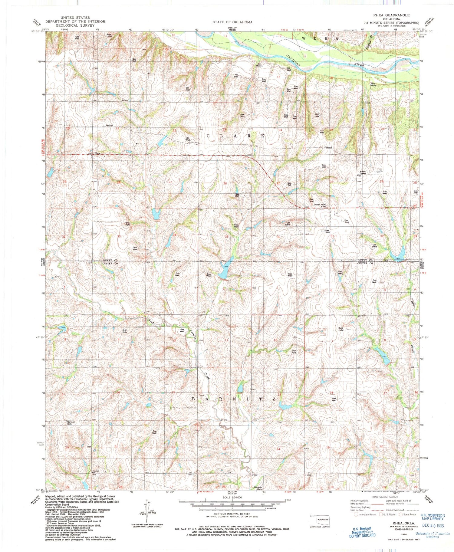 Classic USGS Rhea Oklahoma 7.5'x7.5' Topo Map Image