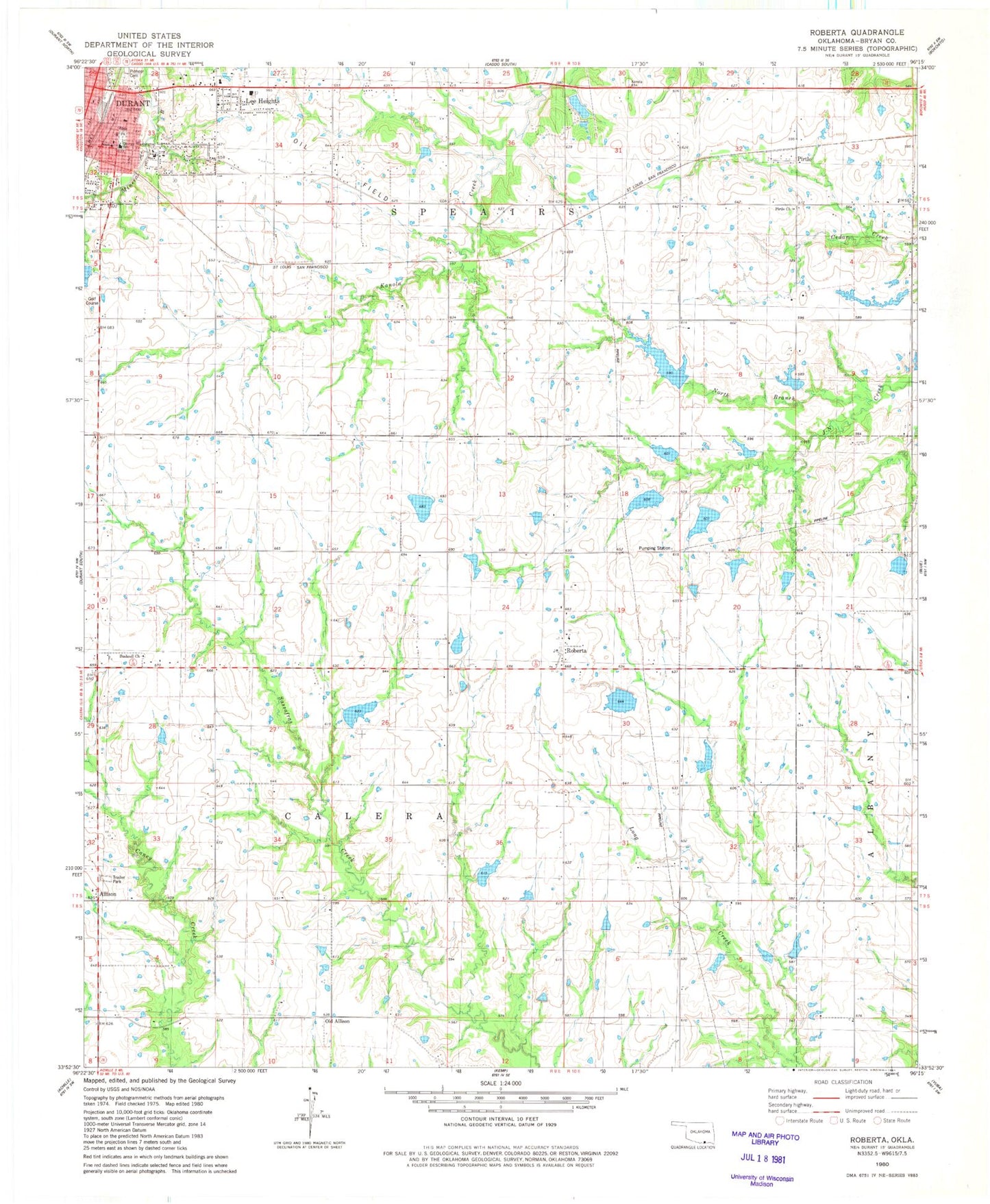 Classic USGS Roberta Oklahoma 7.5'x7.5' Topo Map Image