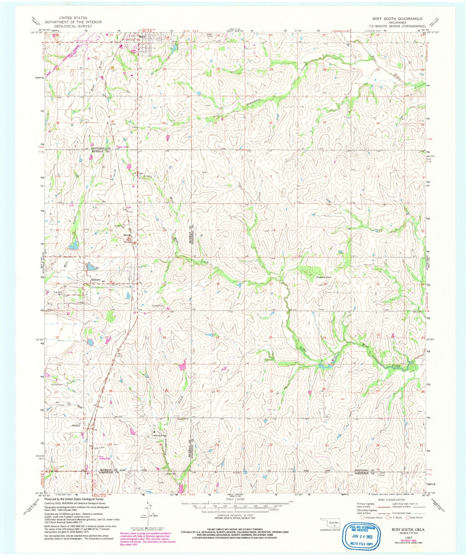 Classic USGS Roff South Oklahoma 7.5'x7.5' Topo Map Image
