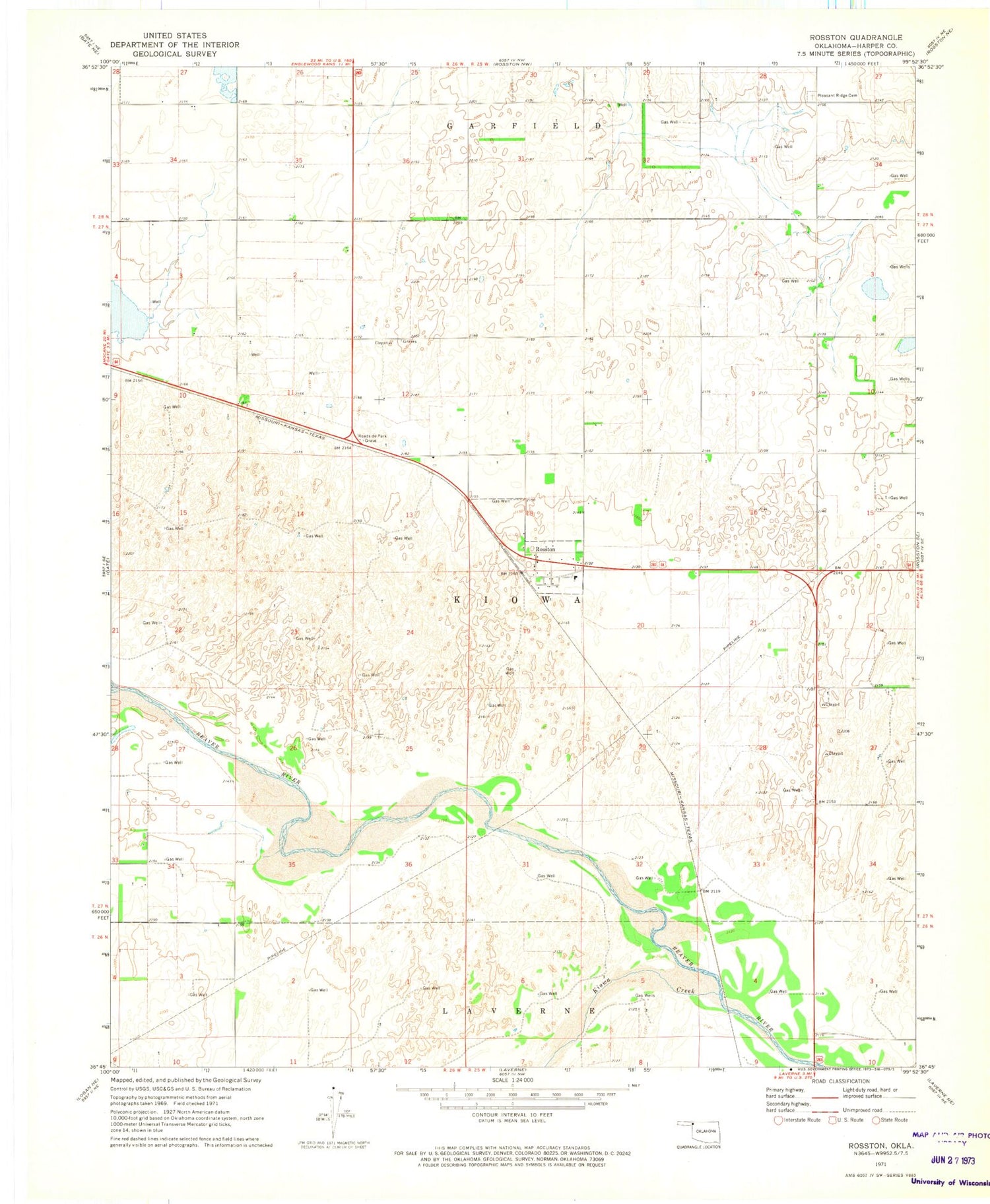 Classic USGS Rosston Oklahoma 7.5'x7.5' Topo Map Image