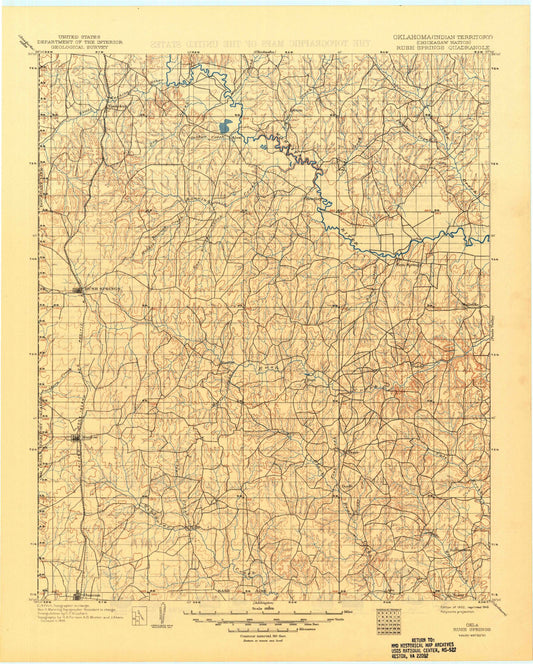 Historic 1902 Rush Springs Oklahoma 30'x30' Topo Map Image