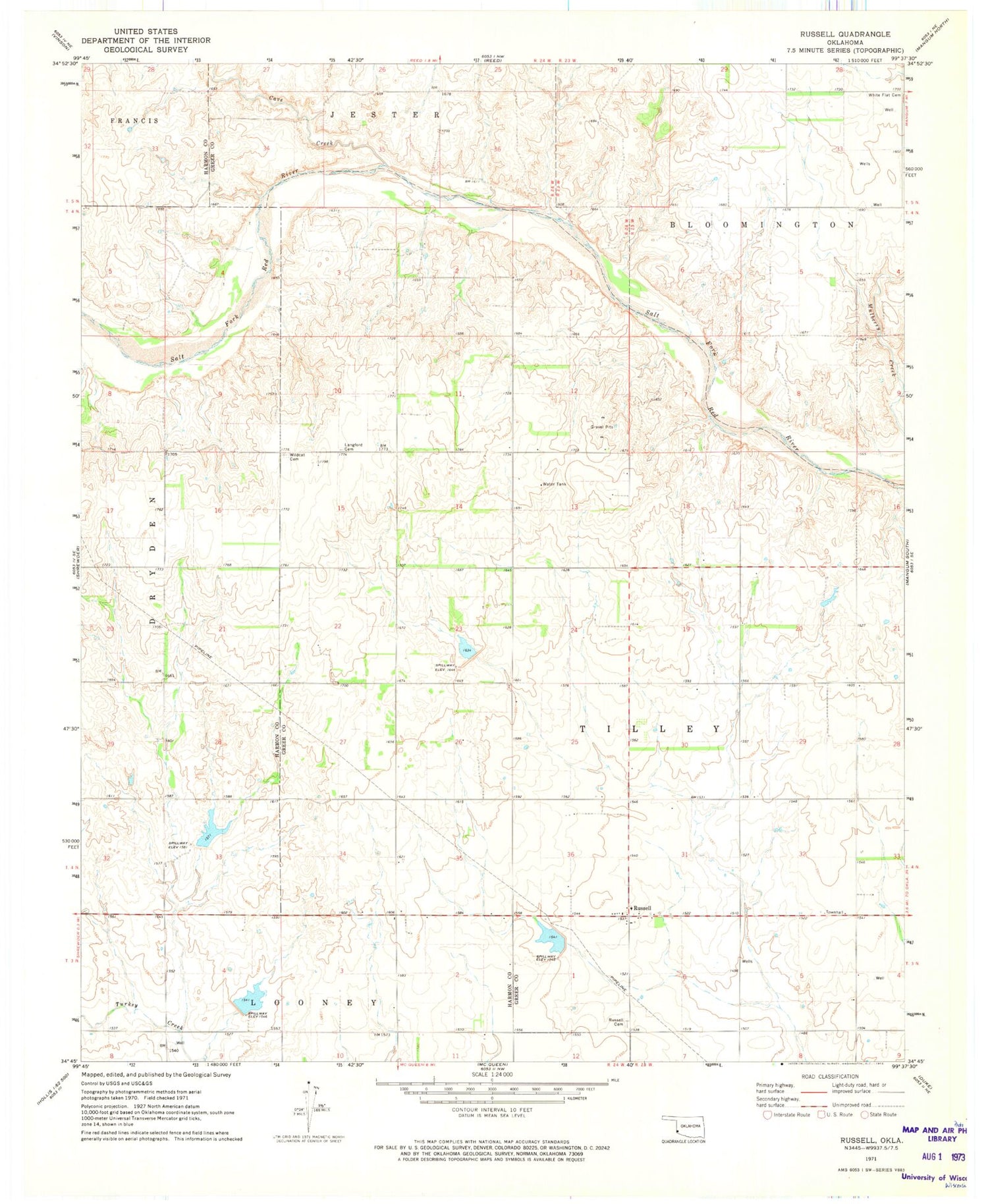 Classic USGS Russell Oklahoma 7.5'x7.5' Topo Map Image